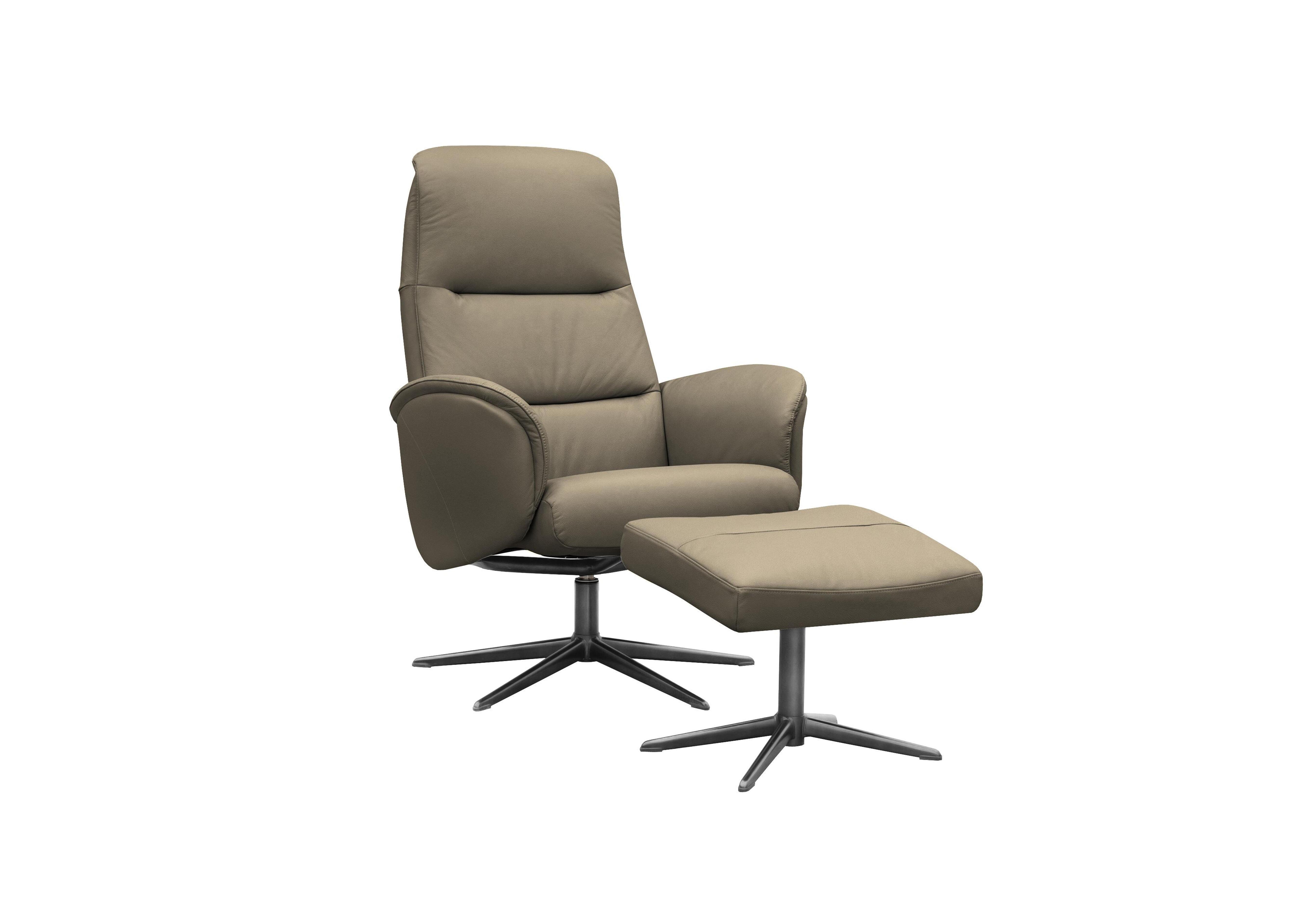 Falum Leather Swivel Recliner Chair and Footstool with Black Base in H009 Durham Mushroom on Furniture Village