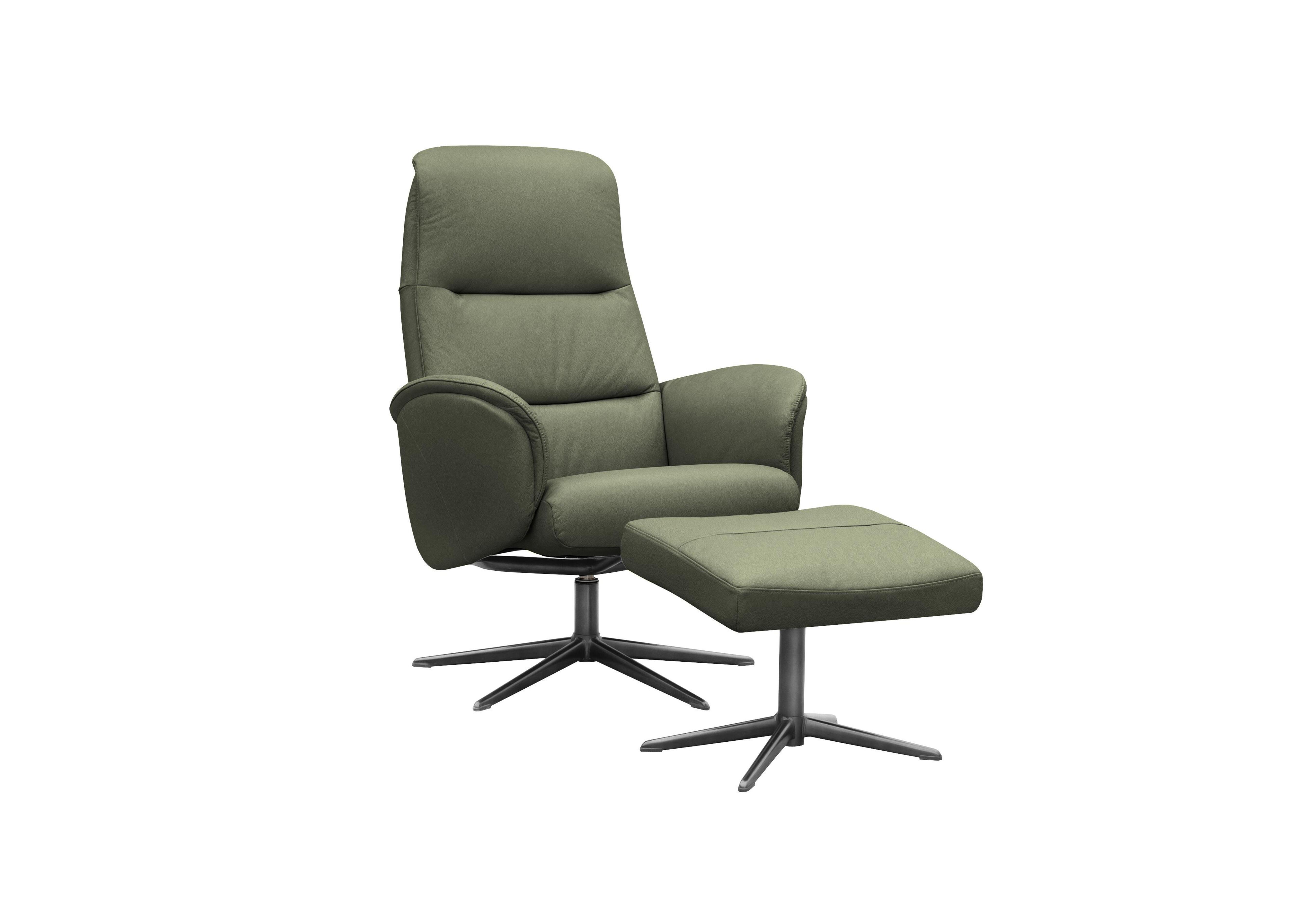 Falum Leather Swivel Recliner Chair and Footstool with Black Base in H012 Durham Olive on Furniture Village