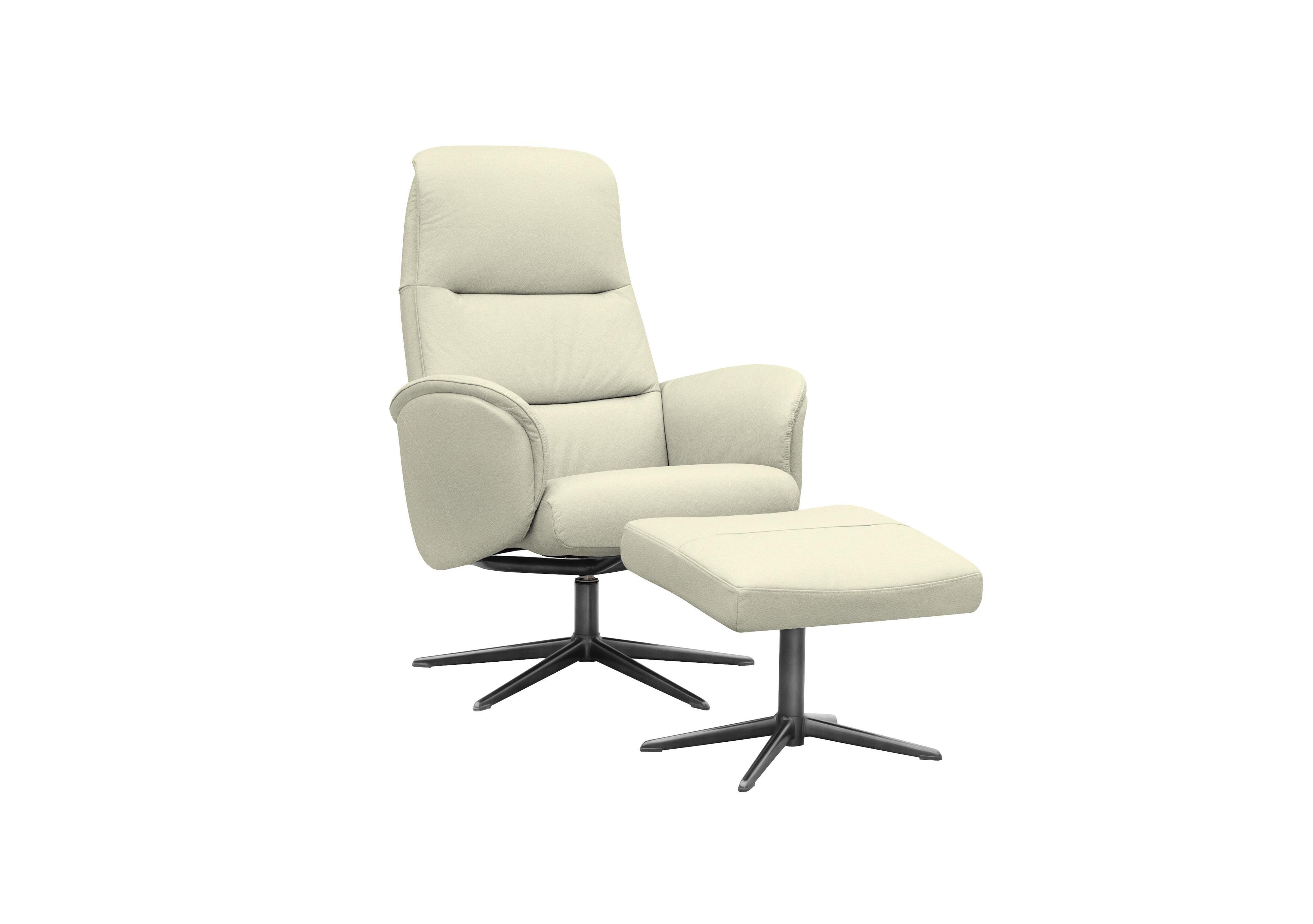 Falum Leather Swivel Recliner Chair and Footstool with Black Base in L840 Cambridge Chalk on Furniture Village