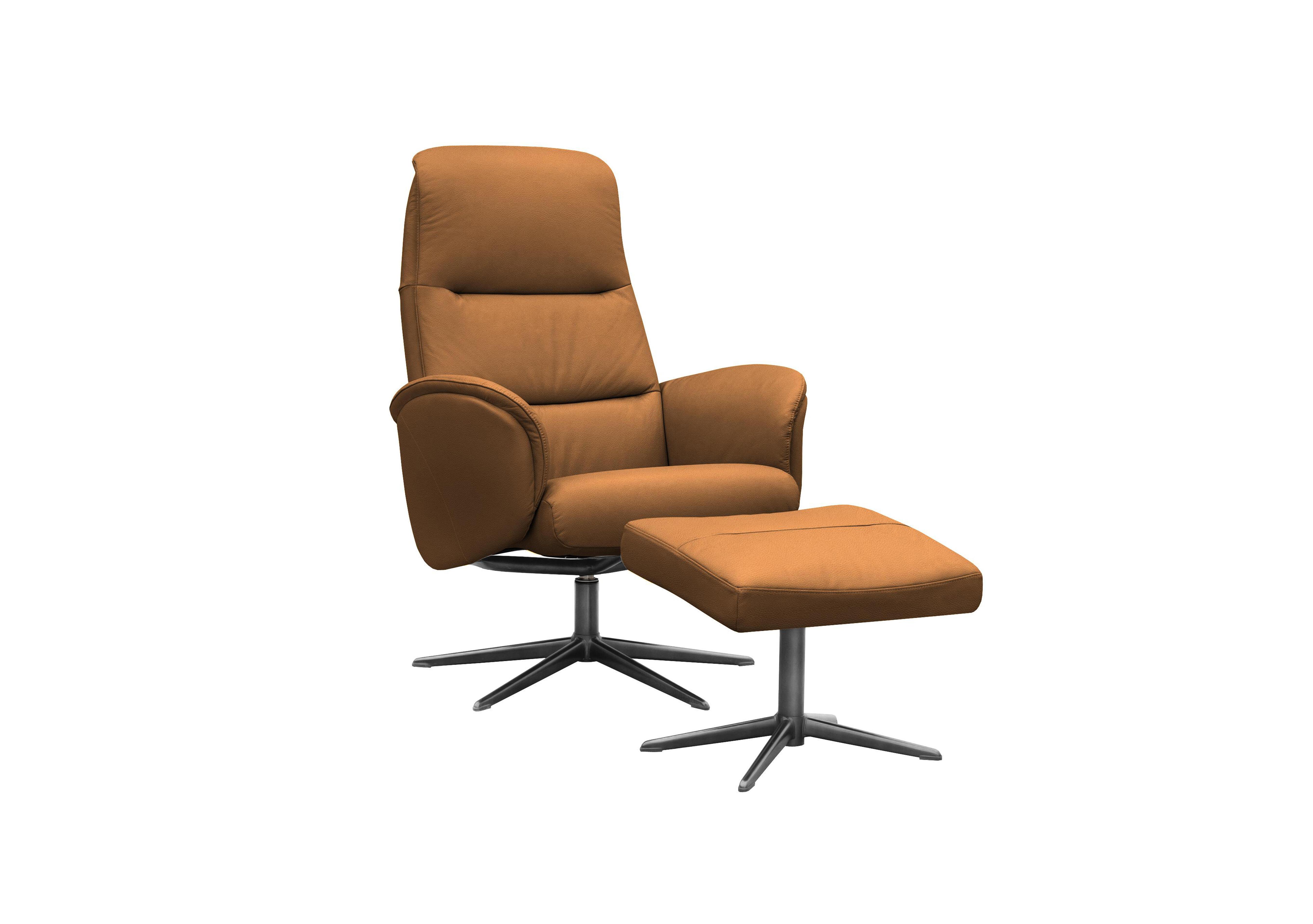 Falum Leather Swivel Recliner Chair and Footstool with Black Base in L847 Cambridge Tan on Furniture Village