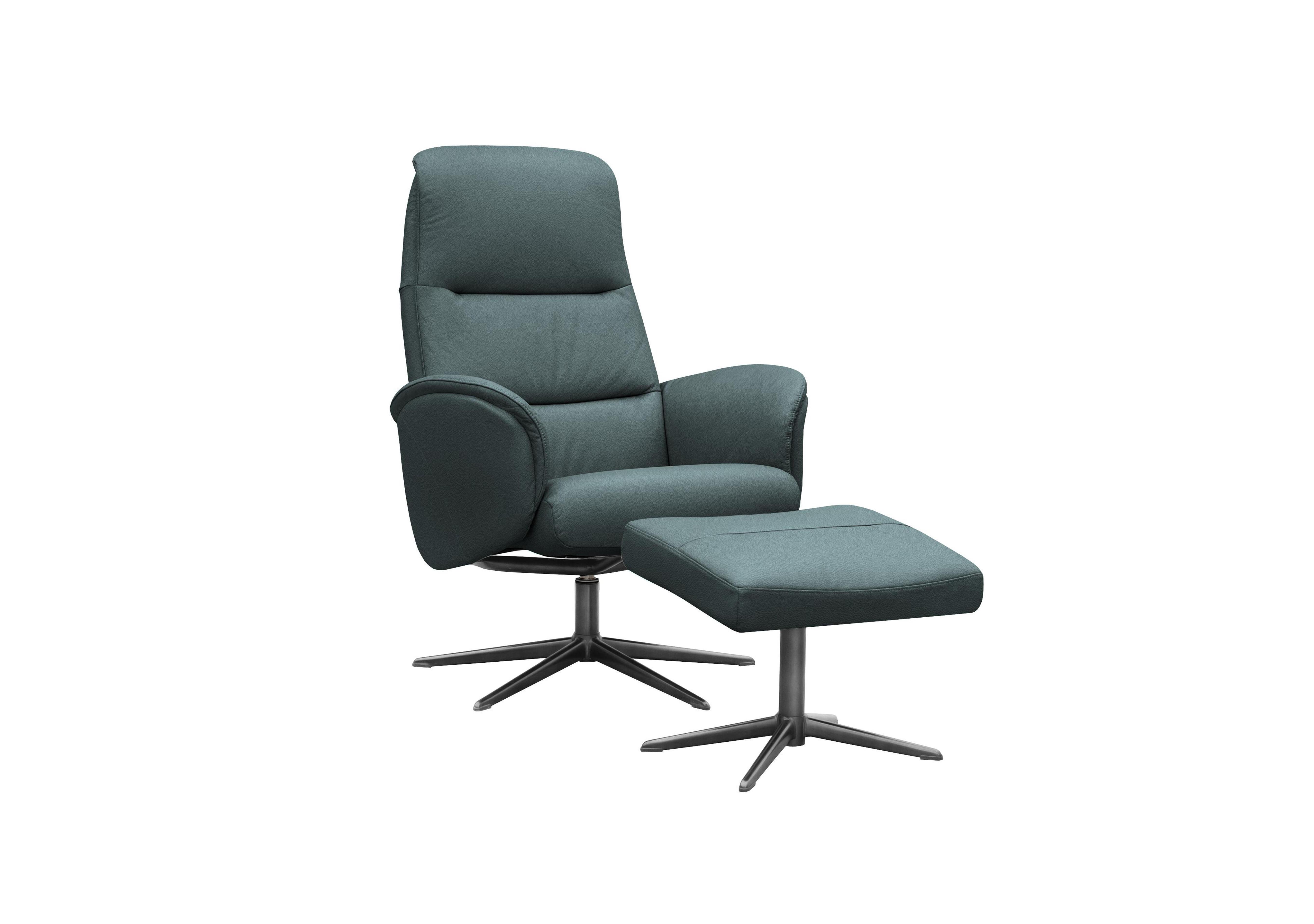 Falum Leather Swivel Recliner Chair and Footstool with Black Base in L852 Cambridge Petrol Blue on Furniture Village