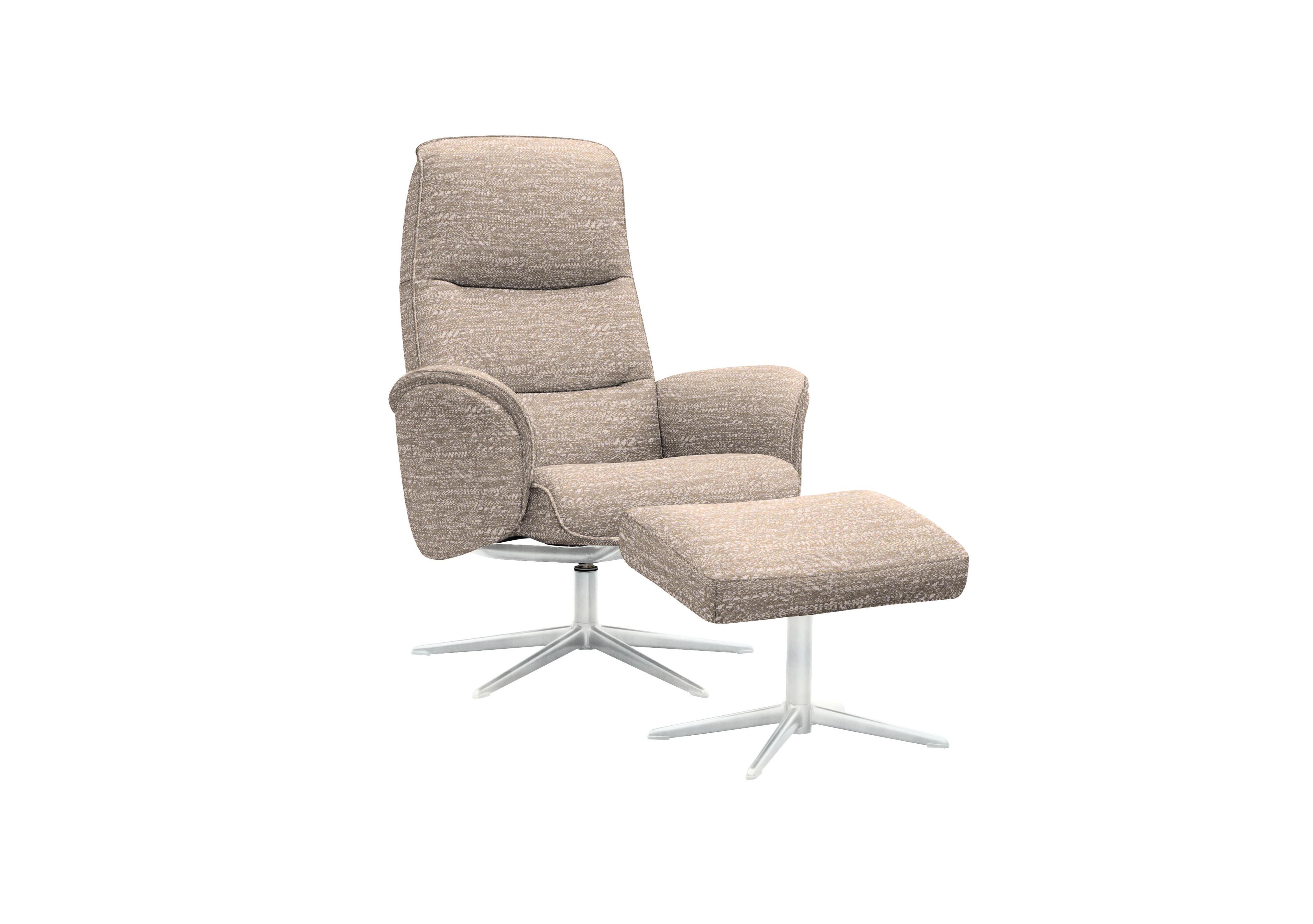 Falum Fabric Swivel Recliner Chair and Footstool with Chrome Base in A050 Maddox Sandstone on Furniture Village