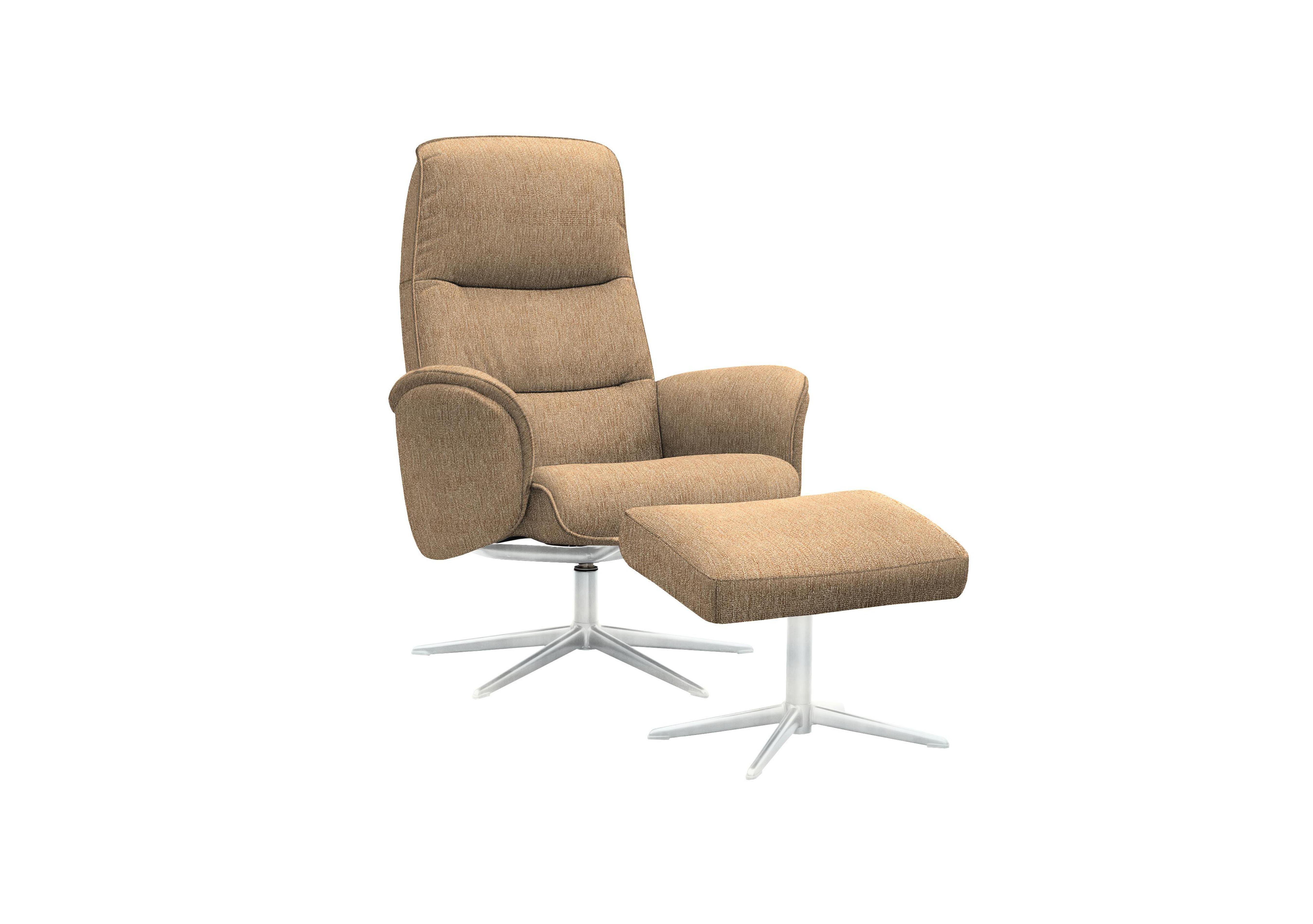Falum Fabric Swivel Recliner Chair and Footstool with Chrome Base in A070 Boucle Cocoa on Furniture Village