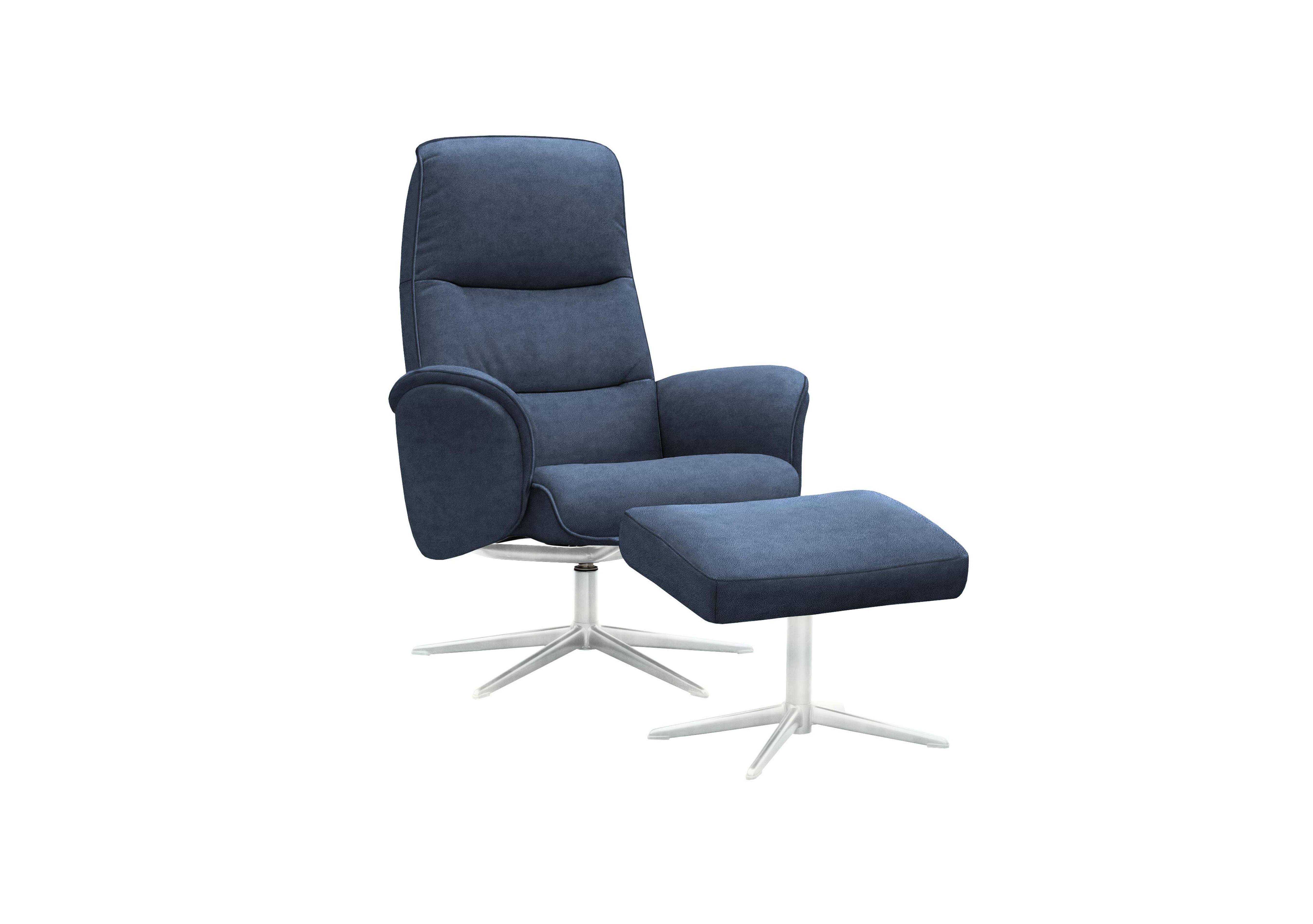 Falum Fabric Swivel Recliner Chair and Footstool with Chrome Base in A125 Stingray Indigo on Furniture Village