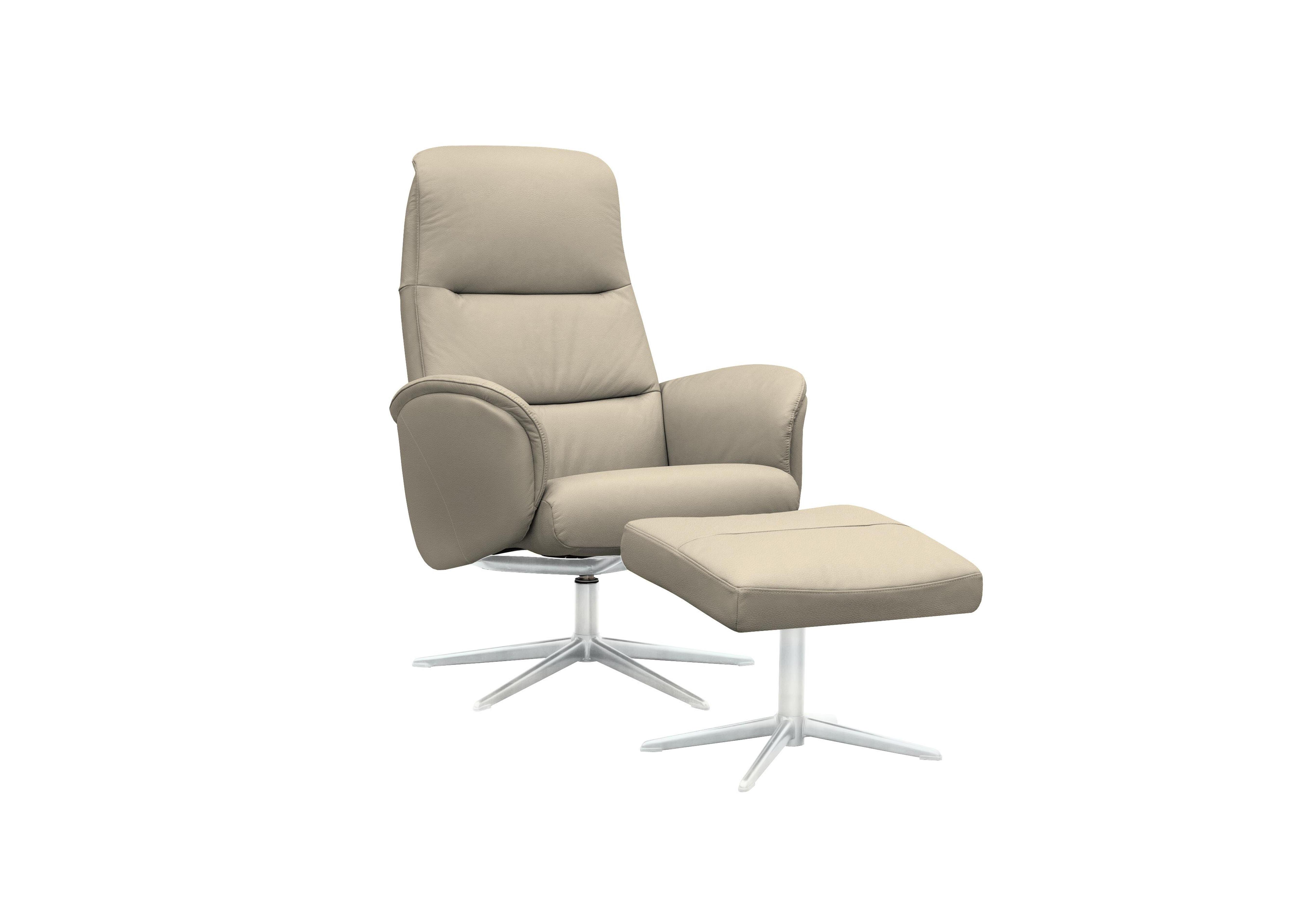 Falum Leather Swivel Recliner Chair and Footstool with Chrome Base in H001 Oxford Mushroom on Furniture Village