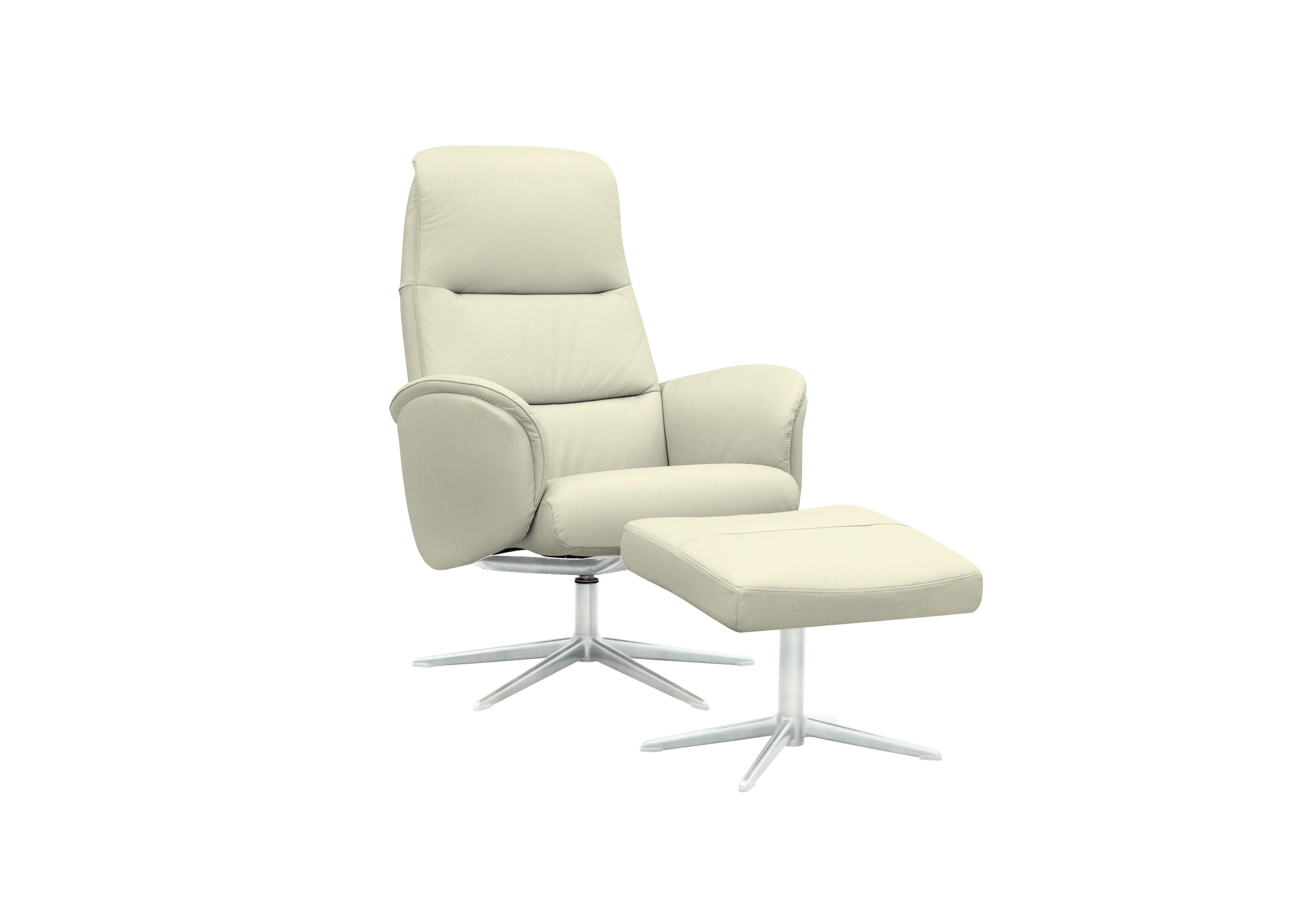 Falum Leather Swivel Recliner Chair and Footstool with Chrome Base in L840 Cambridge Chalk on Furniture Village