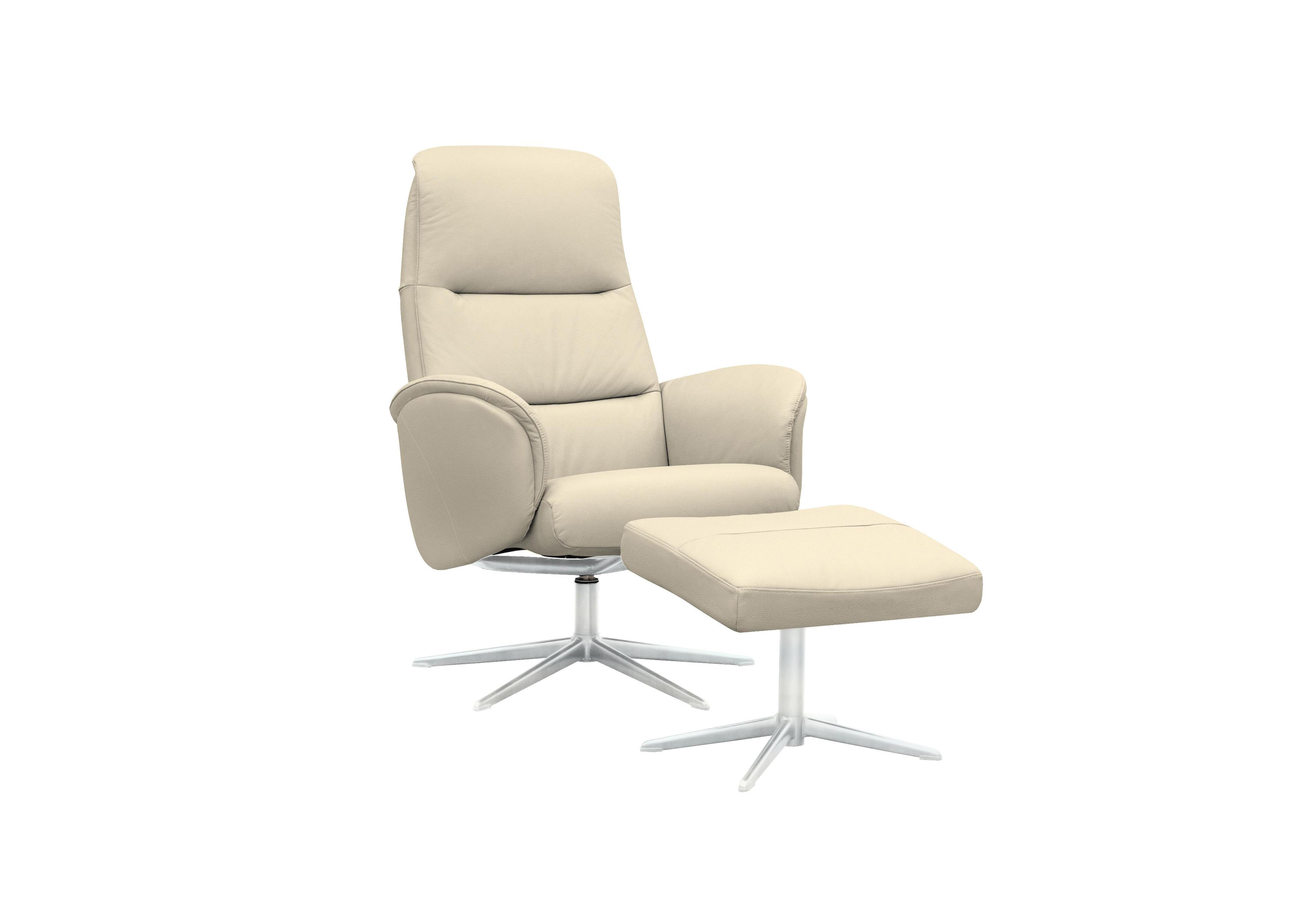 Falum Leather Swivel Recliner Chair and Footstool with Chrome Base in L843 Cambridge Stone on Furniture Village