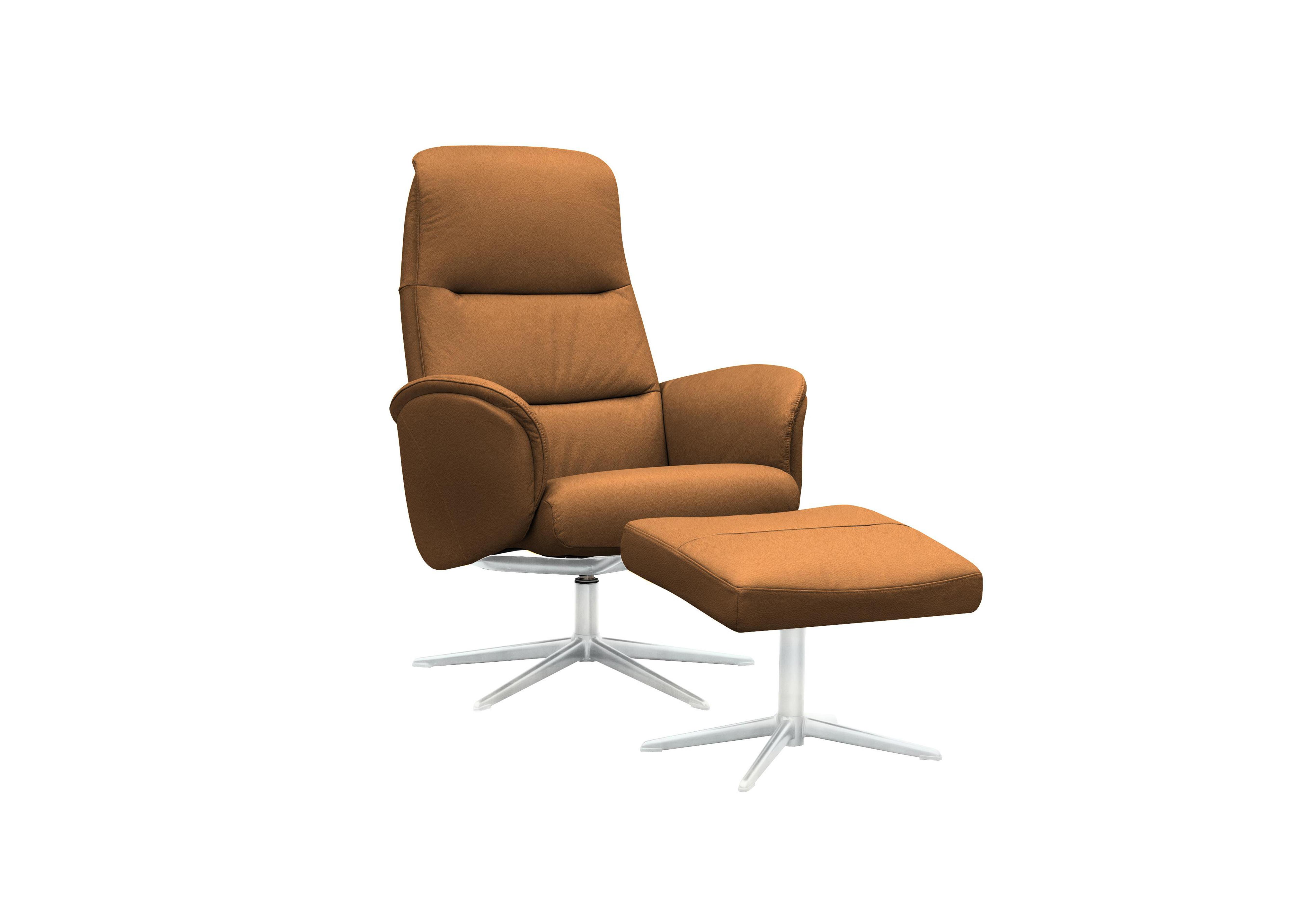Falum Leather Swivel Recliner Chair and Footstool with Chrome Base in L847 Cambridge Tan on Furniture Village