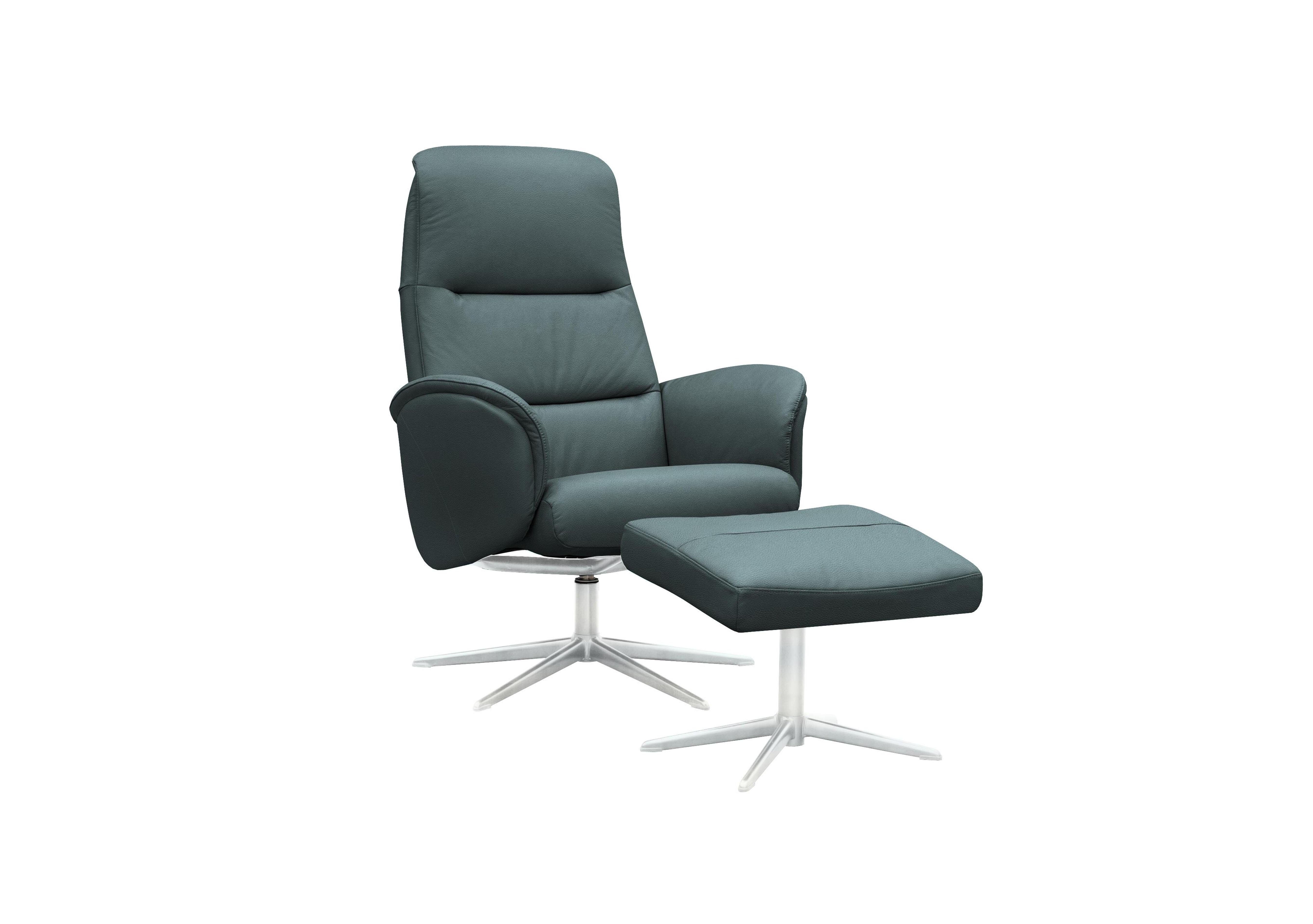 Falum Leather Swivel Recliner Chair and Footstool with Chrome Base in L852 Cambridge Petrol Blue on Furniture Village