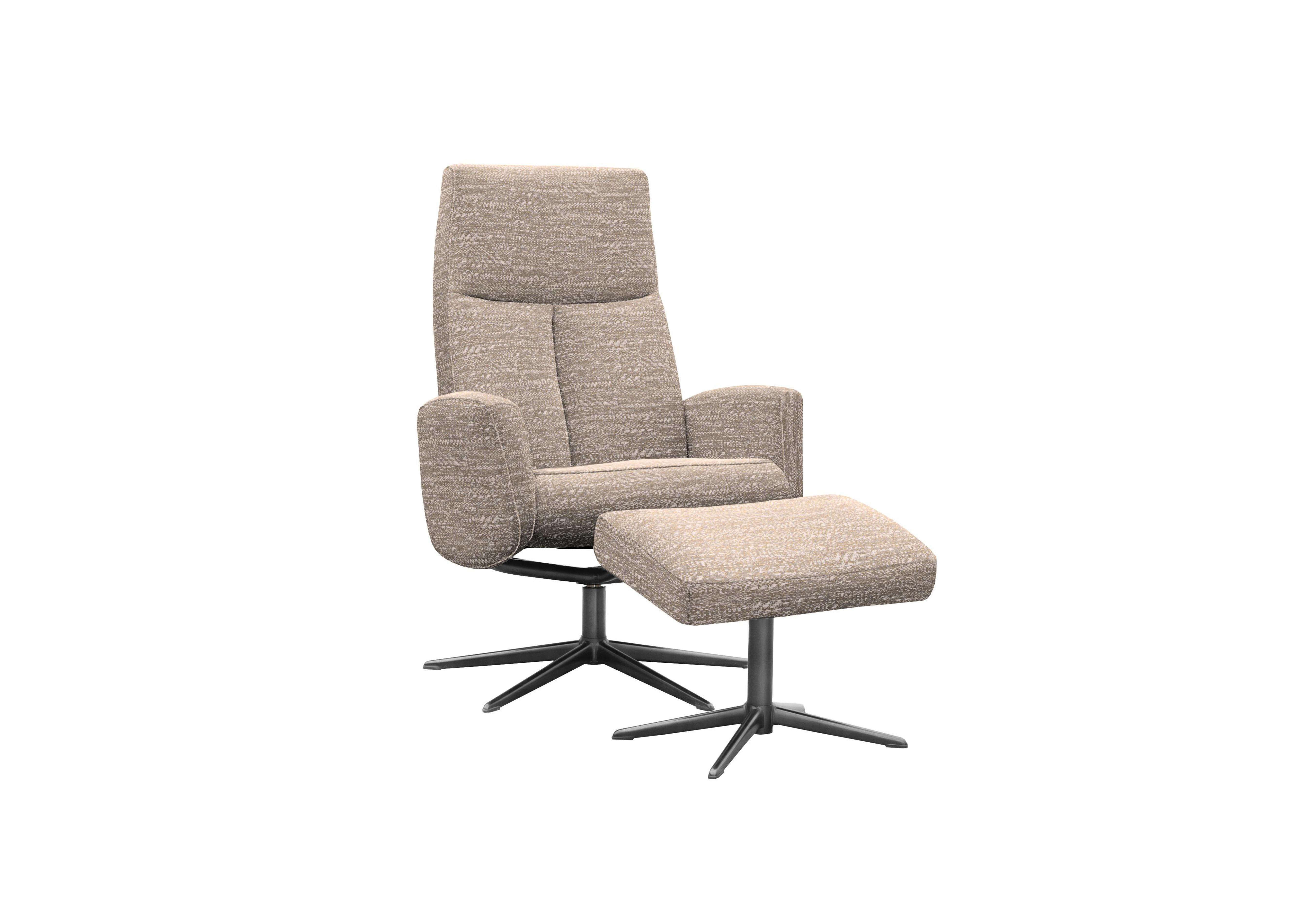 Vaasa Fabric Swivel Recliner Chair and Footstool with Black Base in A050 Maddox Sandstone on Furniture Village