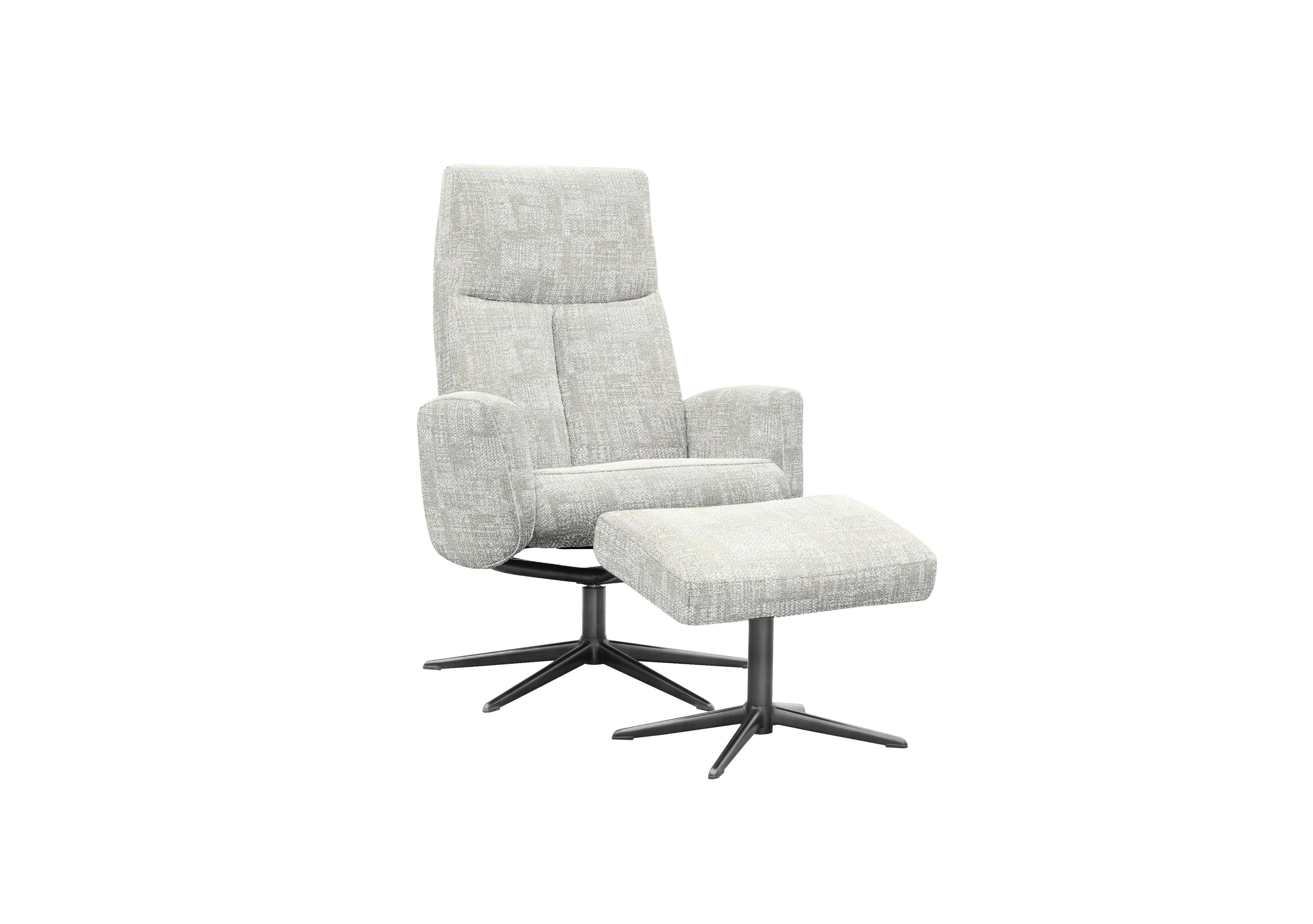 Vaasa Fabric Swivel Recliner Chair and Footstool with Black Base in B045 Aerial Horizon on Furniture Village