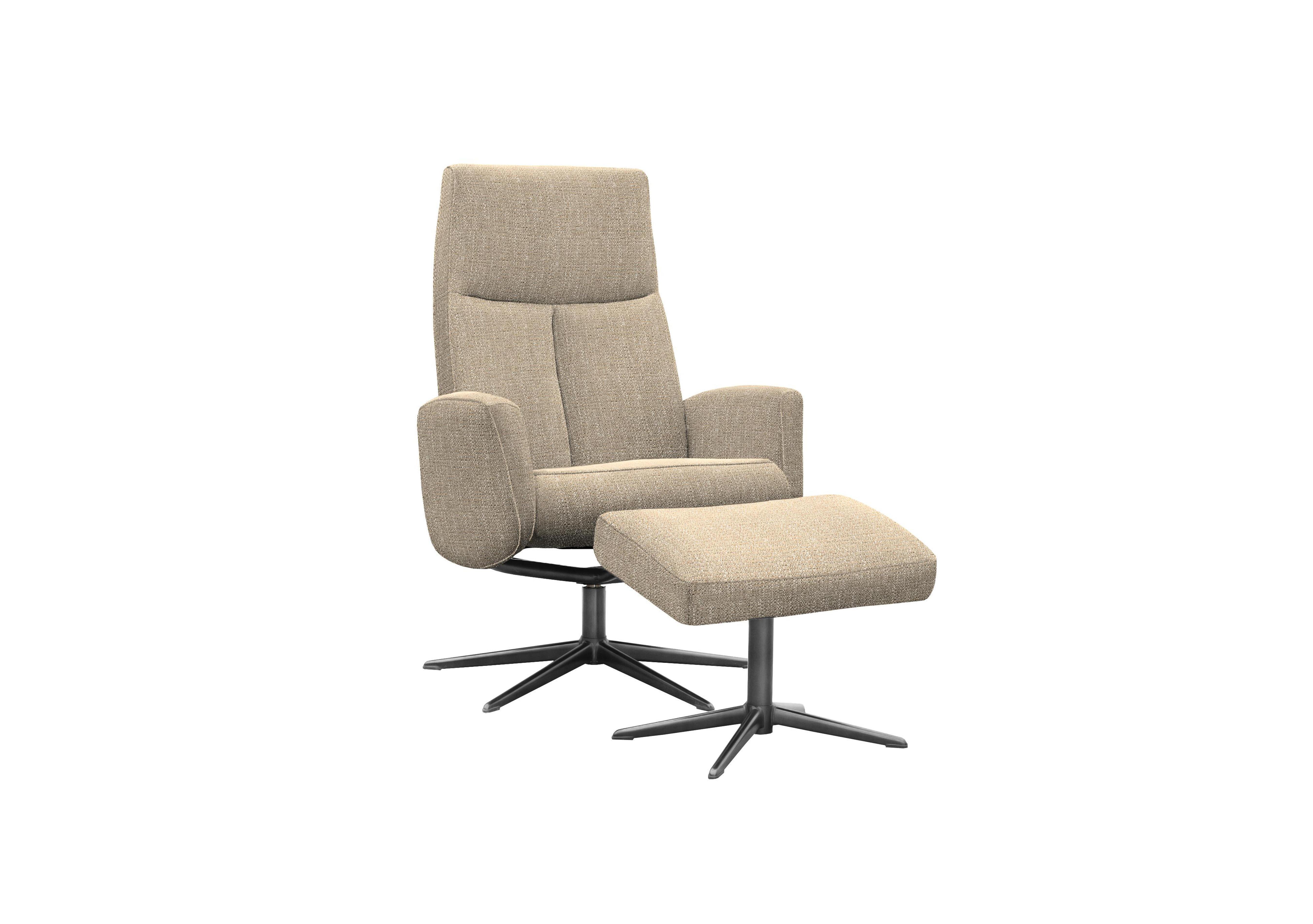 Vaasa Fabric Swivel Recliner Chair and Footstool with Black Base in B135 Libby Sand on Furniture Village