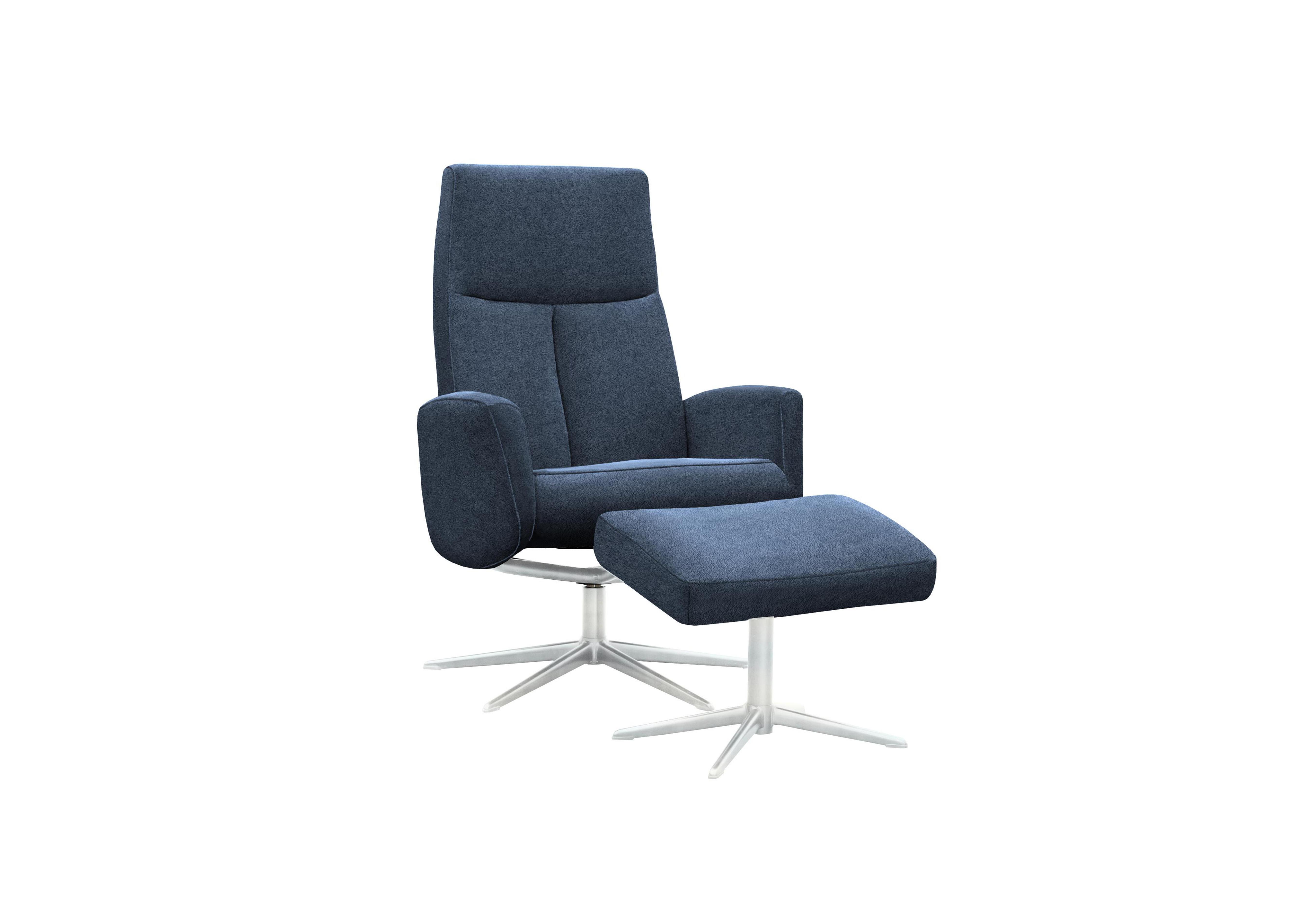 Vaasa Fabric Swivel Recliner Chair and Footstool with Chrome Base in A125 Stingray Indigo on Furniture Village