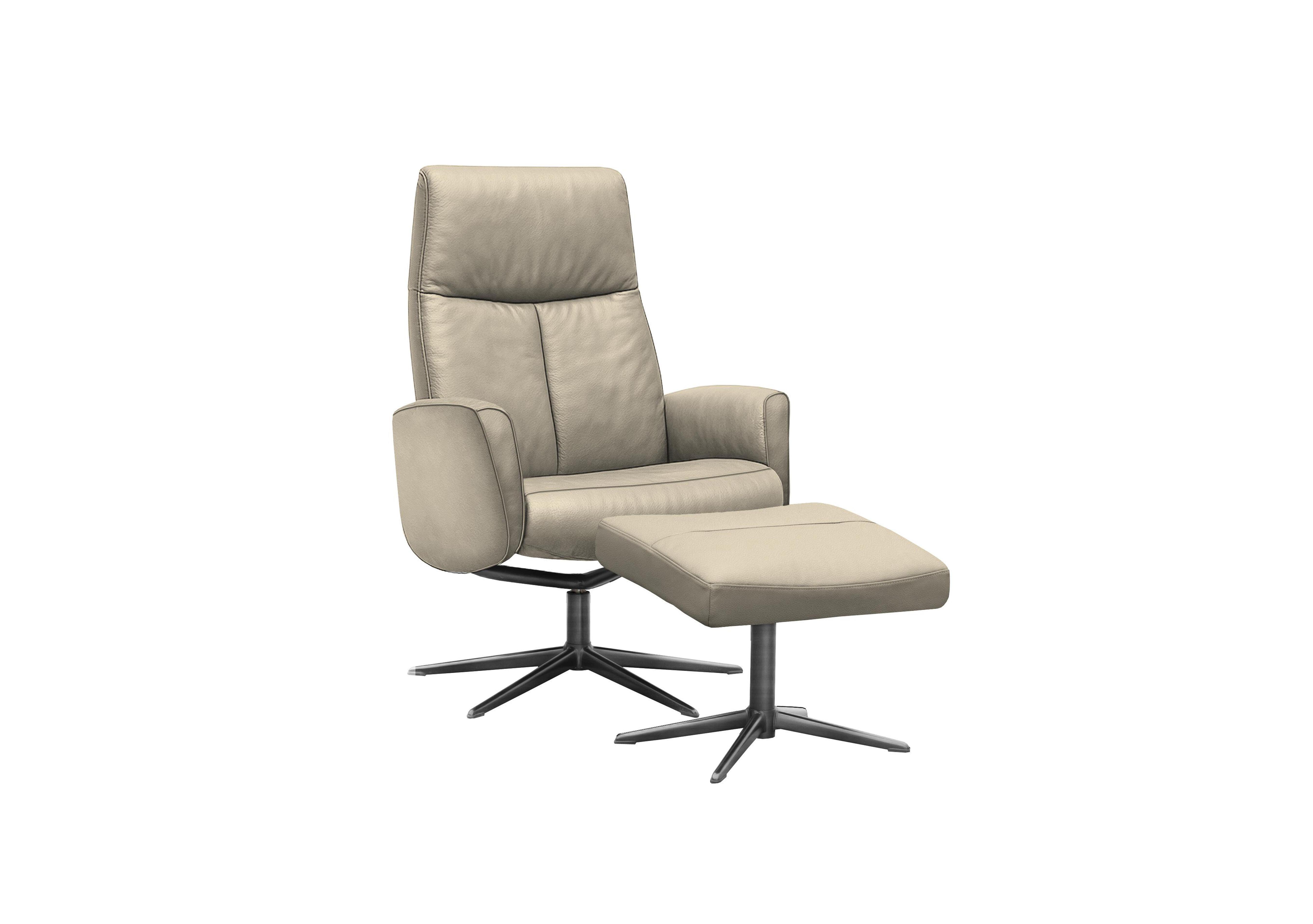 Vaasa Leather Swivel Recliner Chair and Footstool with Black Base in H001 Oxford Mushroom on Furniture Village