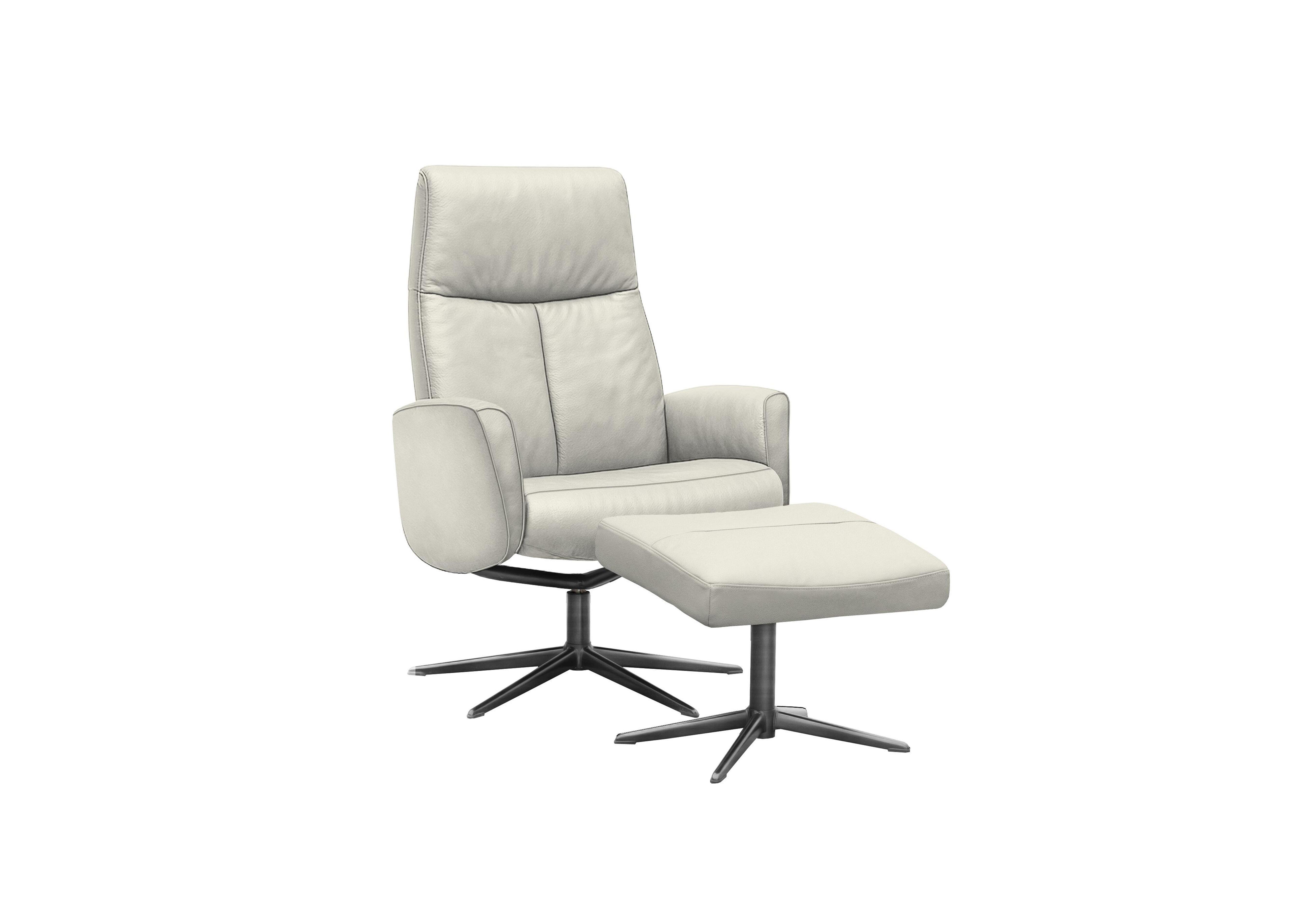 Vaasa Leather Swivel Recliner Chair and Footstool with Black Base in H006 Oxford Light Grey on Furniture Village