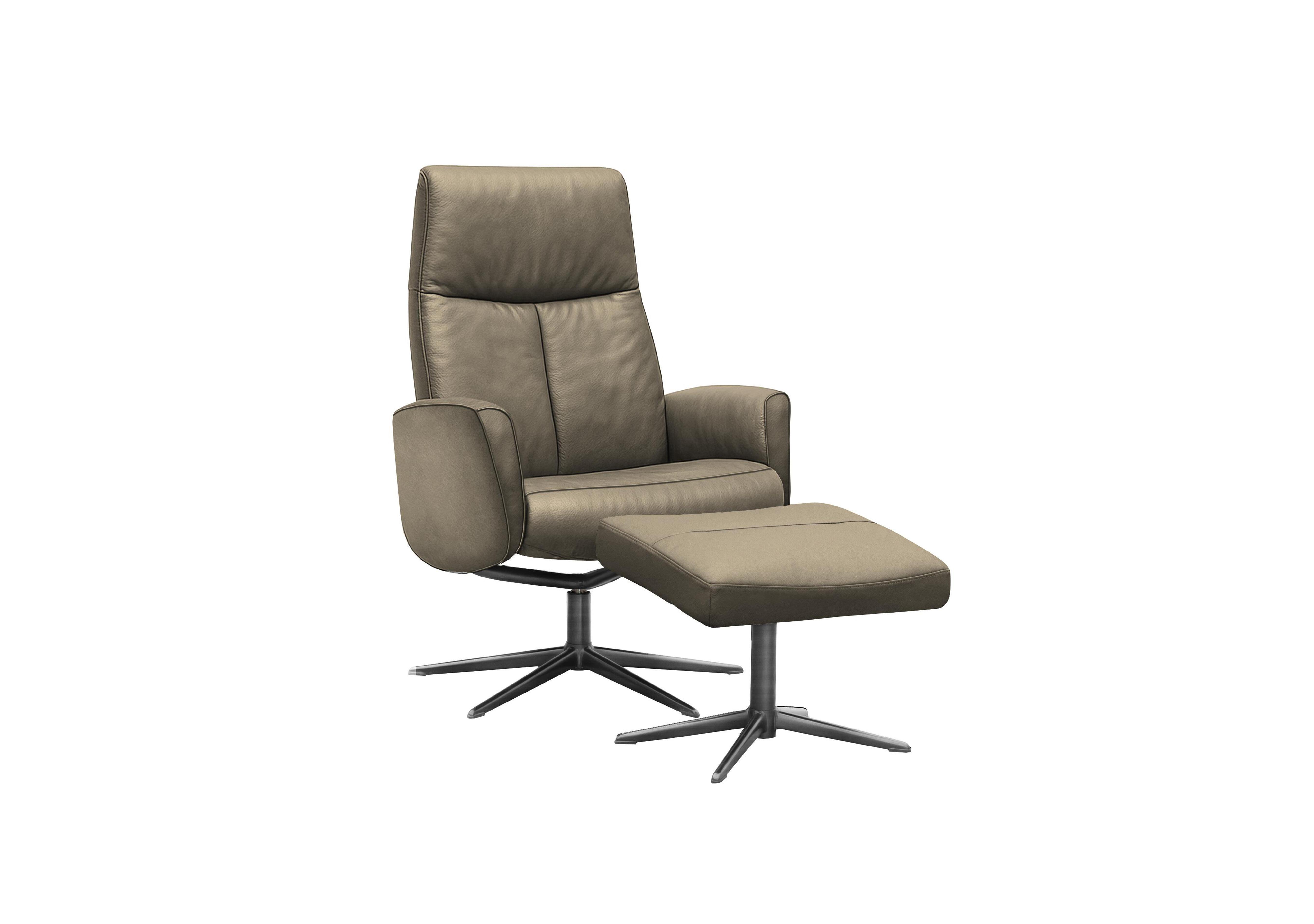Vaasa Leather Swivel Recliner Chair and Footstool with Black Base in H009 Durham Mushroom on Furniture Village