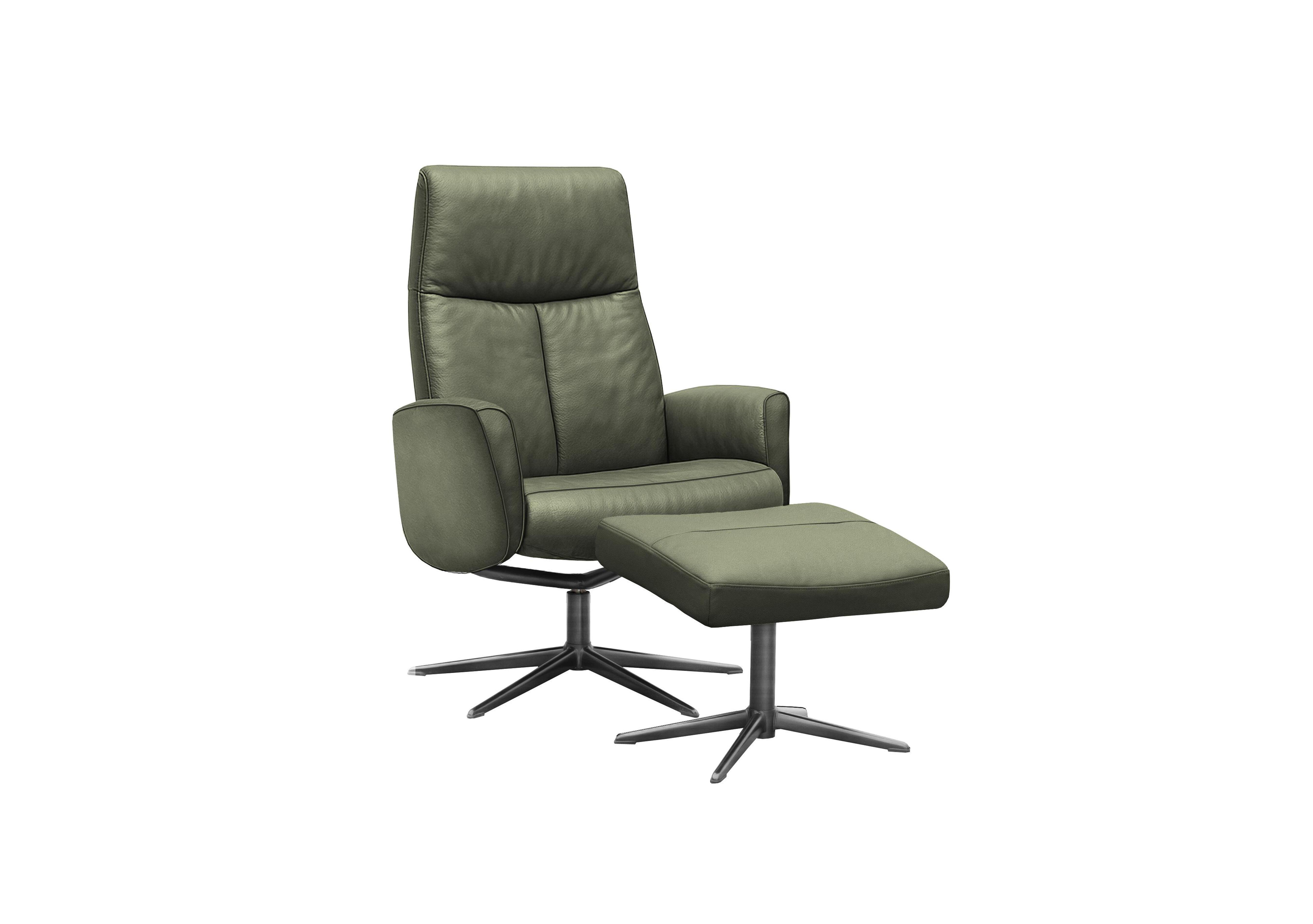 Vaasa Leather Swivel Recliner Chair and Footstool with Black Base in H012 Durham Olive on Furniture Village