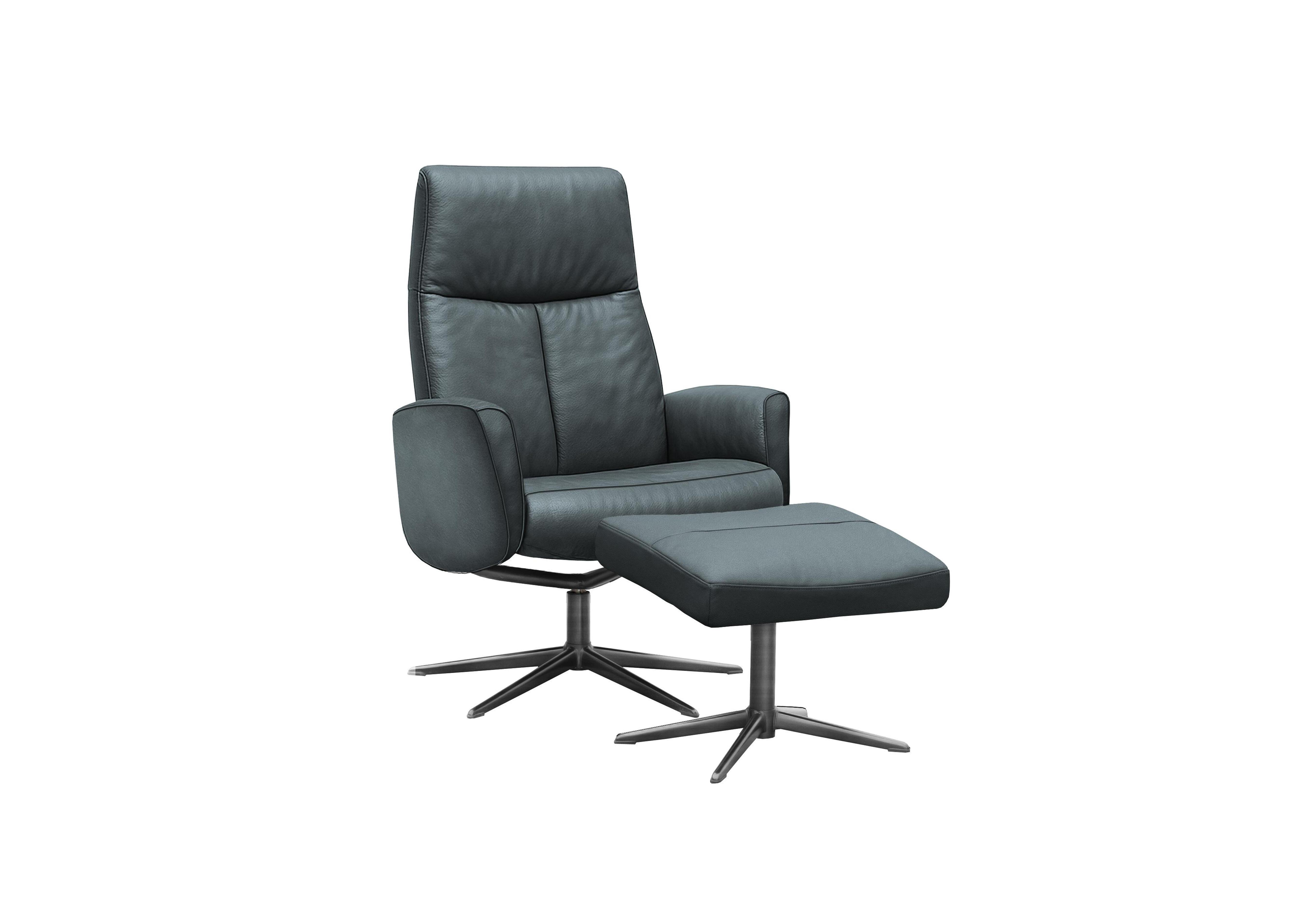 Vaasa Leather Swivel Recliner Chair and Footstool with Black Base in H013 Durham Midnight on Furniture Village