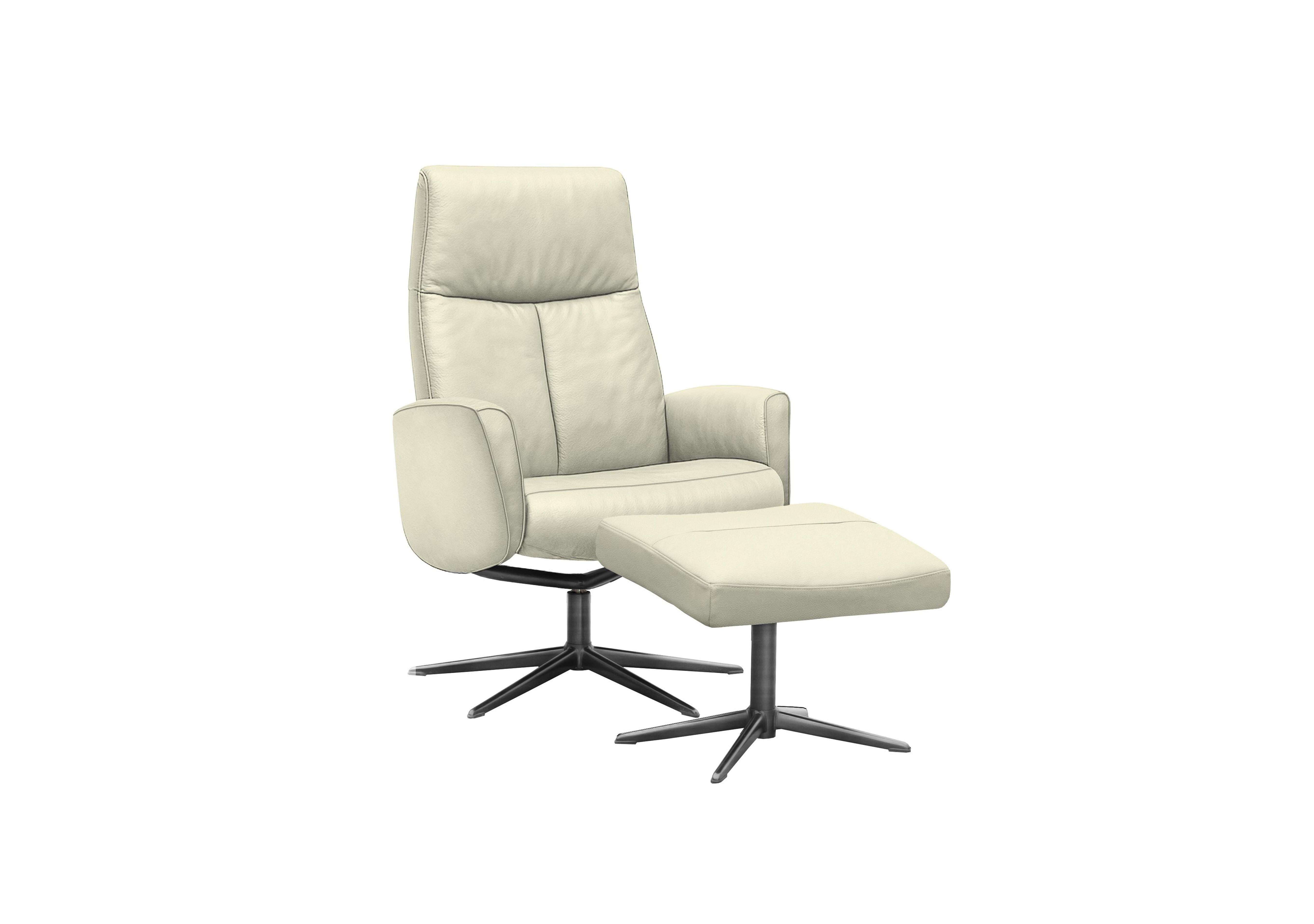 Vaasa Leather Swivel Recliner Chair and Footstool with Black Base in L840 Cambridge Chalk on Furniture Village