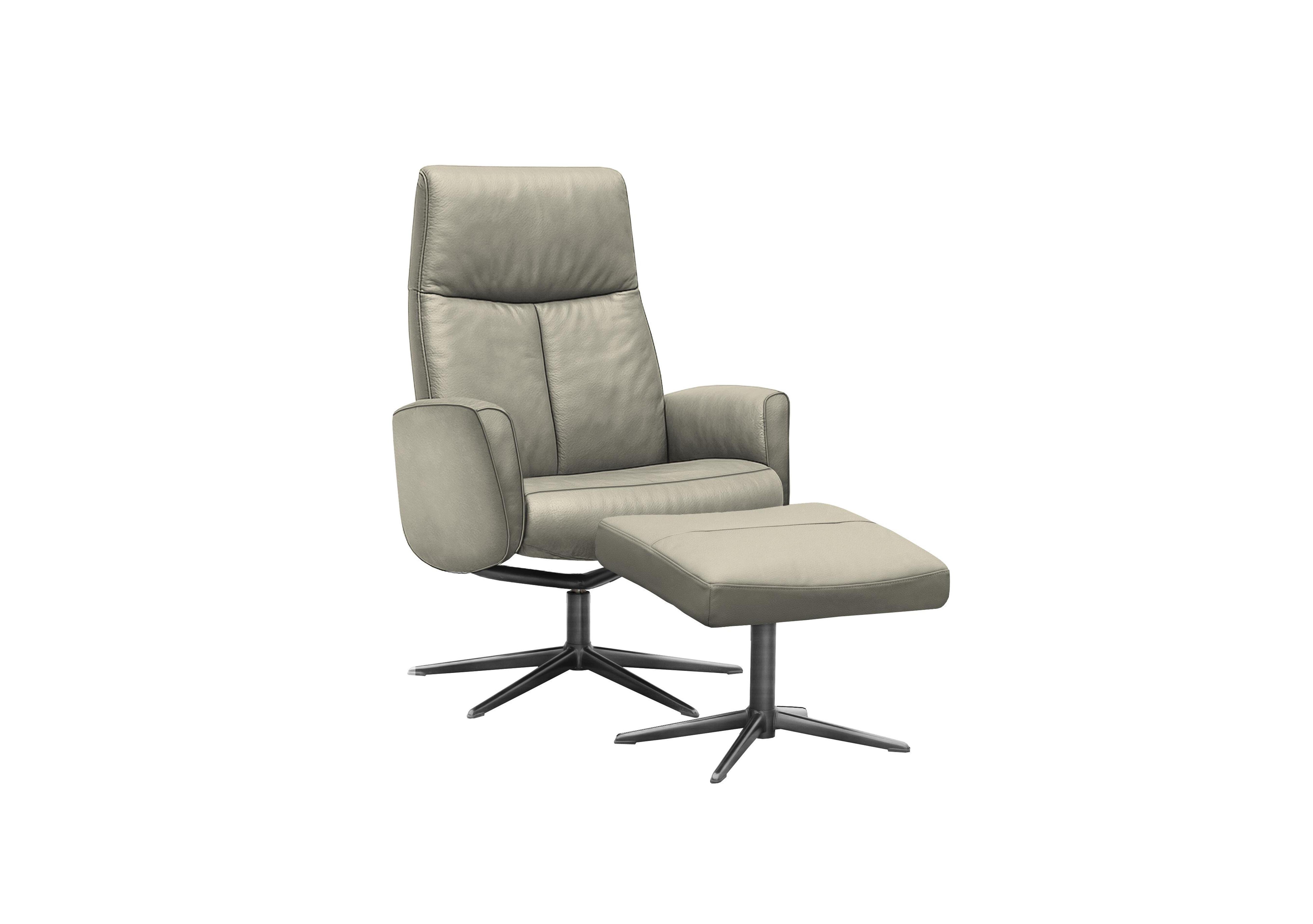 Vaasa Leather Swivel Recliner Chair and Footstool with Black Base in L846 Cambridge Taupe on Furniture Village