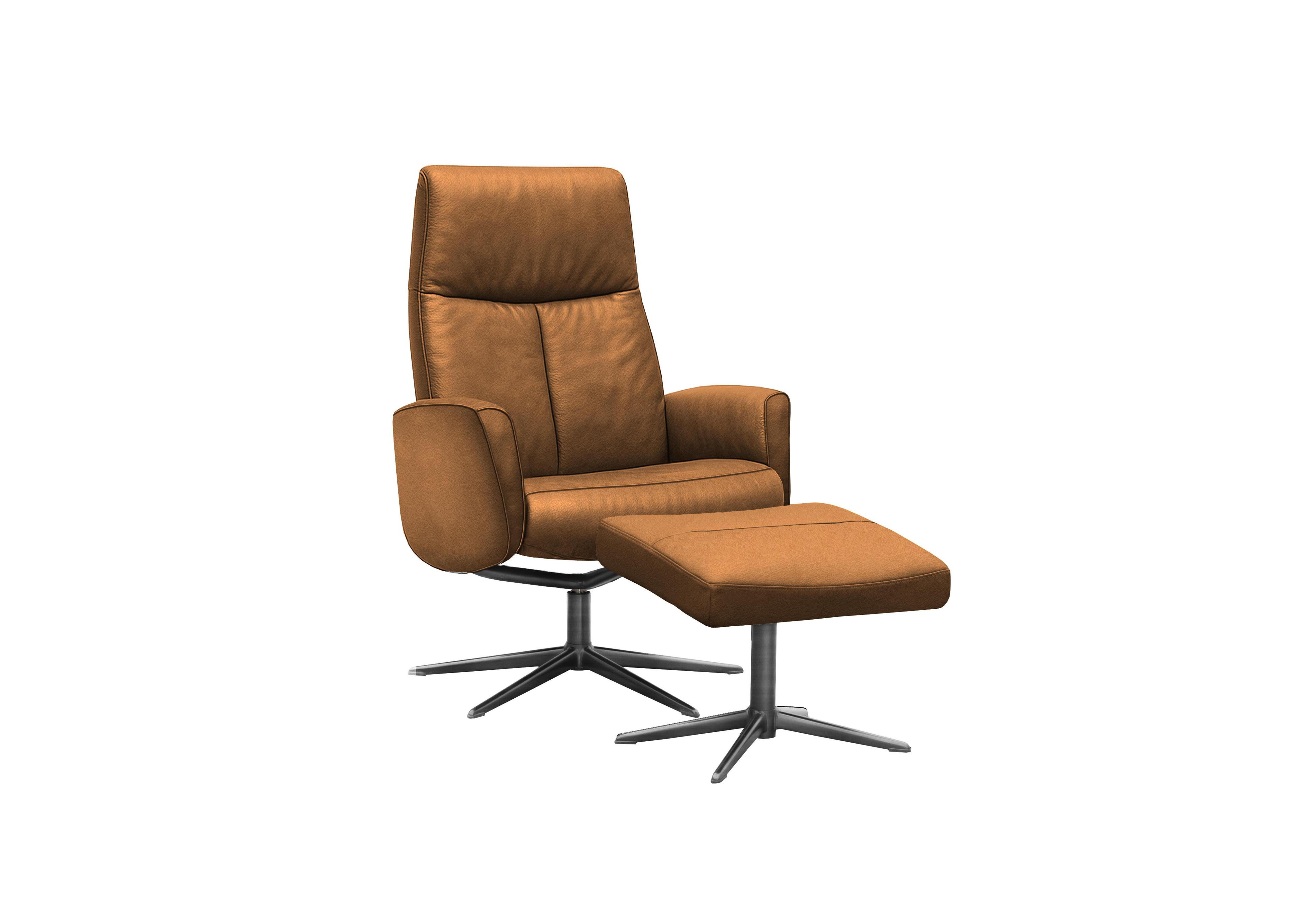 Vaasa Leather Swivel Recliner Chair and Footstool with Black Base in L847 Cambridge Tan on Furniture Village