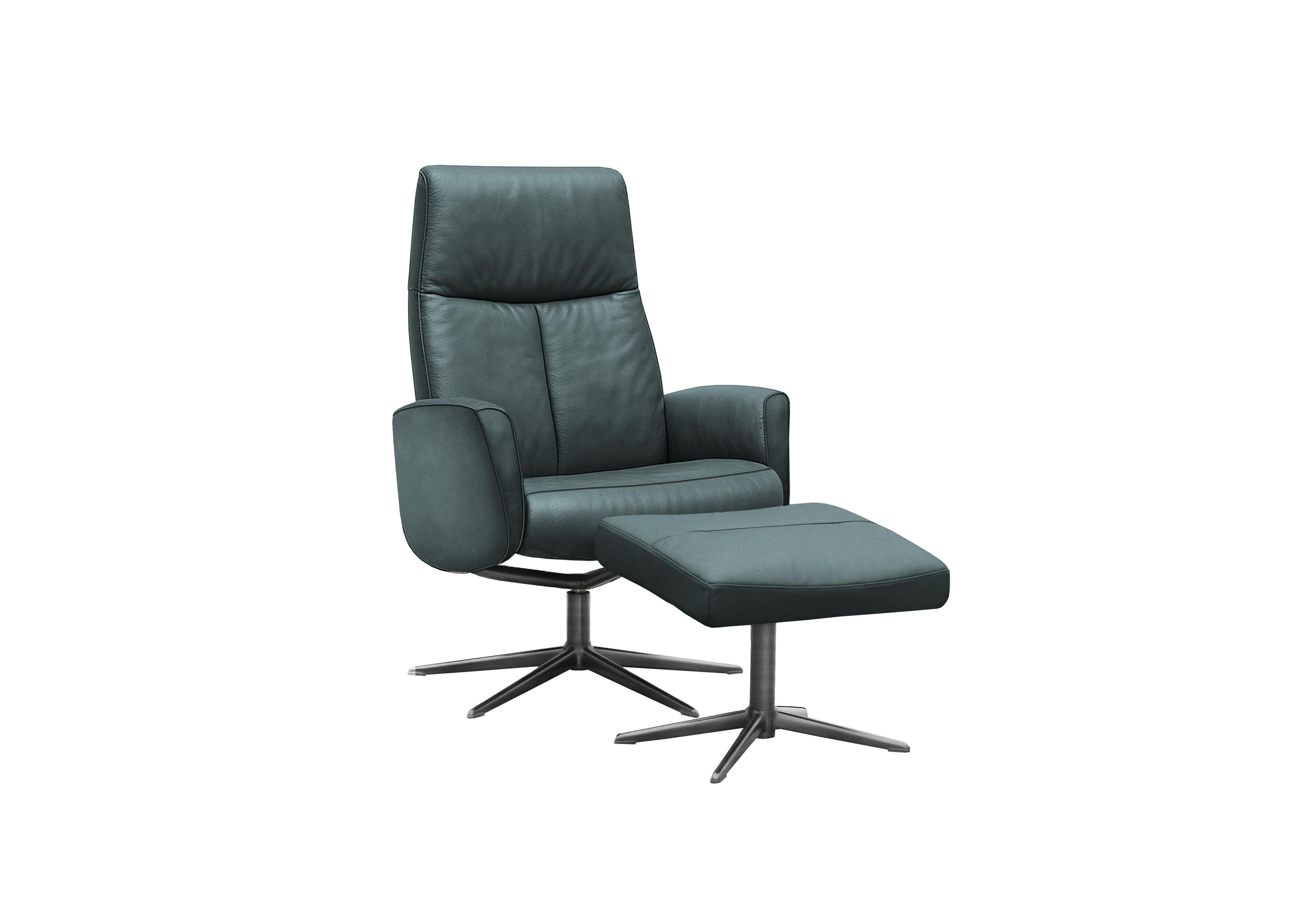Vaasa Leather Swivel Recliner Chair and Footstool with Black Base in L852 Cambridge Petrol Blue on Furniture Village