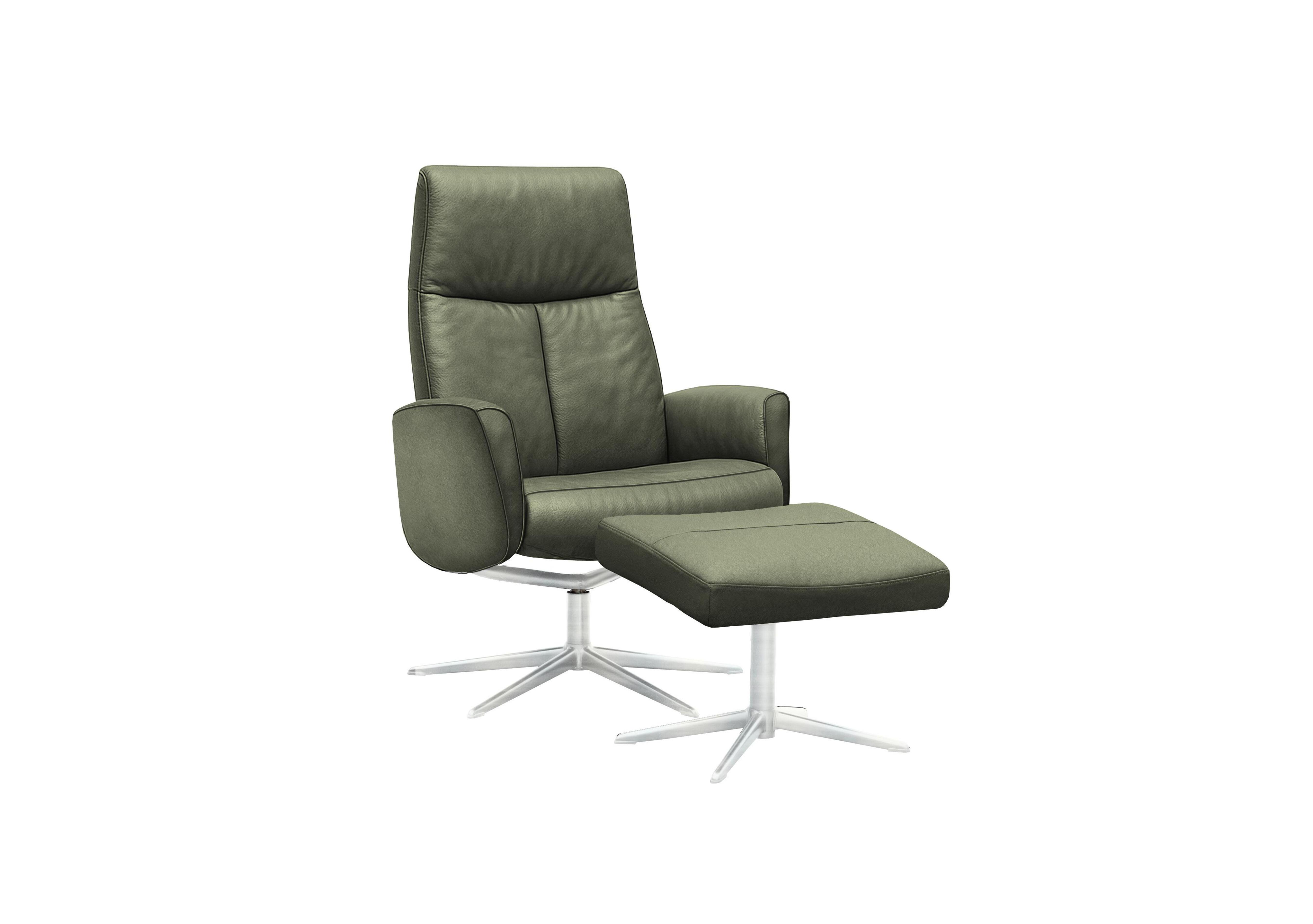 Vaasa Leather Swivel Recliner Chair and Footstool with Chrome Base in H012 Durham Olive on Furniture Village
