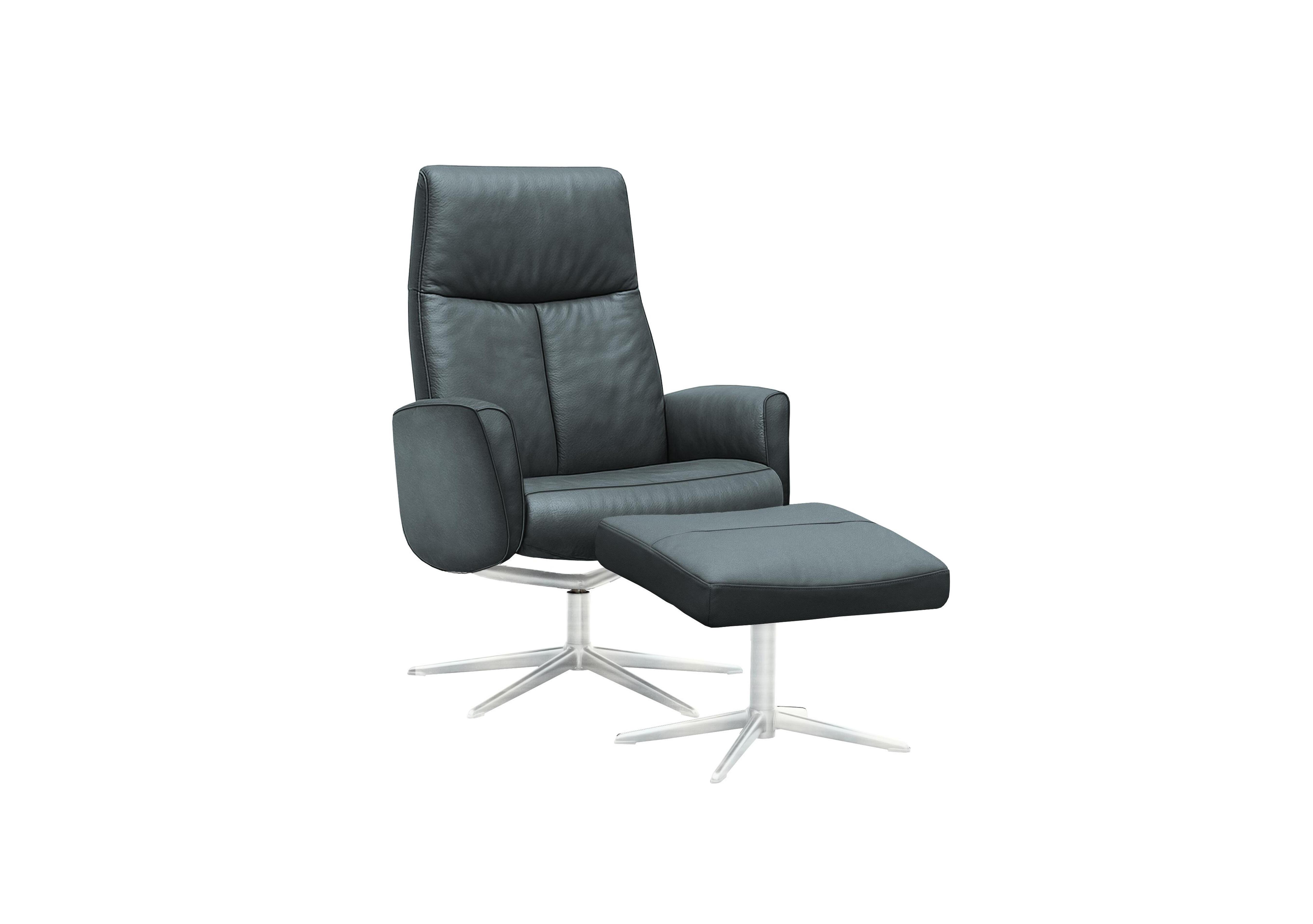 Vaasa Leather Swivel Recliner Chair and Footstool with Chrome Base in H013 Durham Midnight on Furniture Village