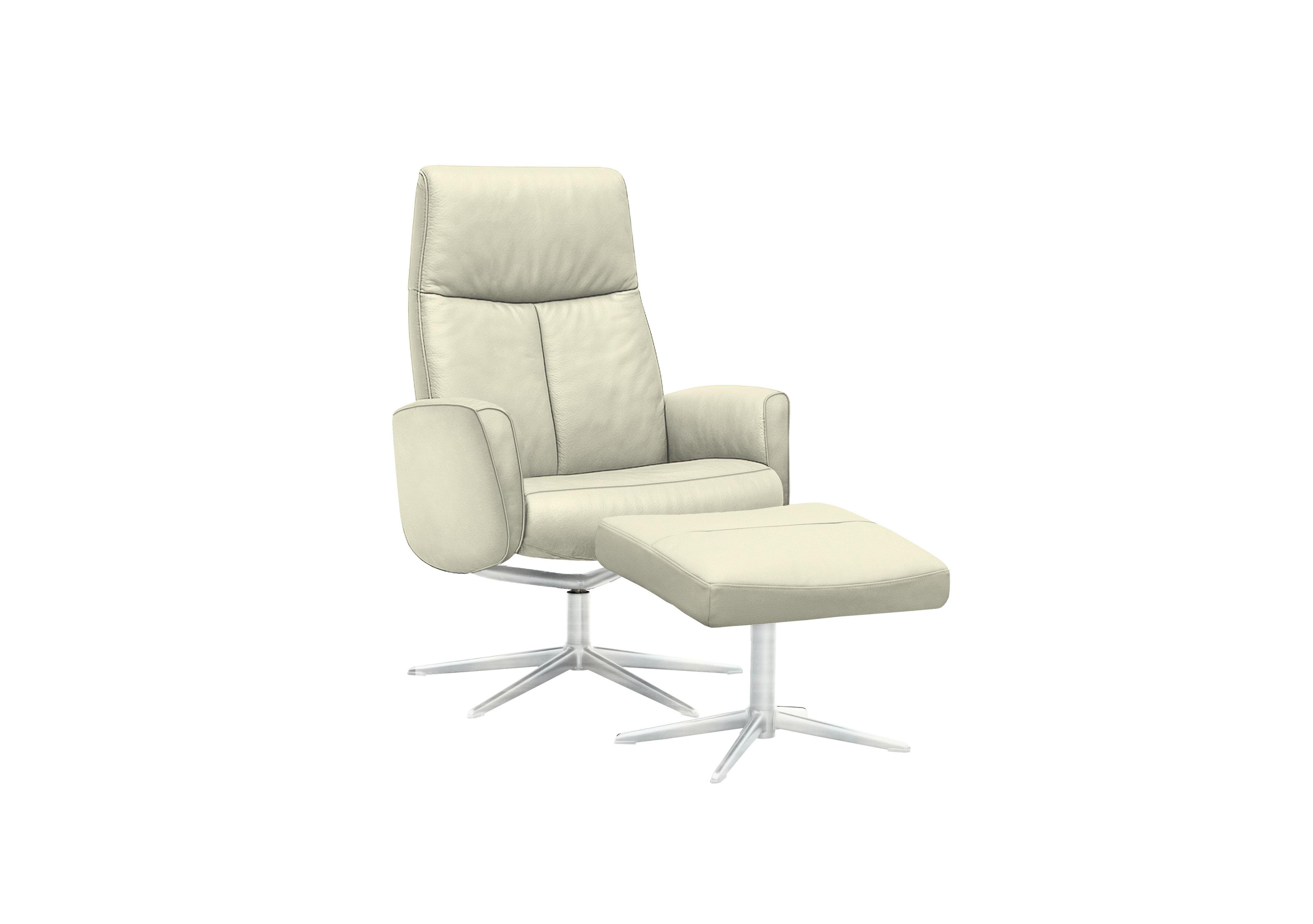 Vaasa Leather Swivel Recliner Chair and Footstool with Chrome Base in L840 Cambridge Chalk on Furniture Village