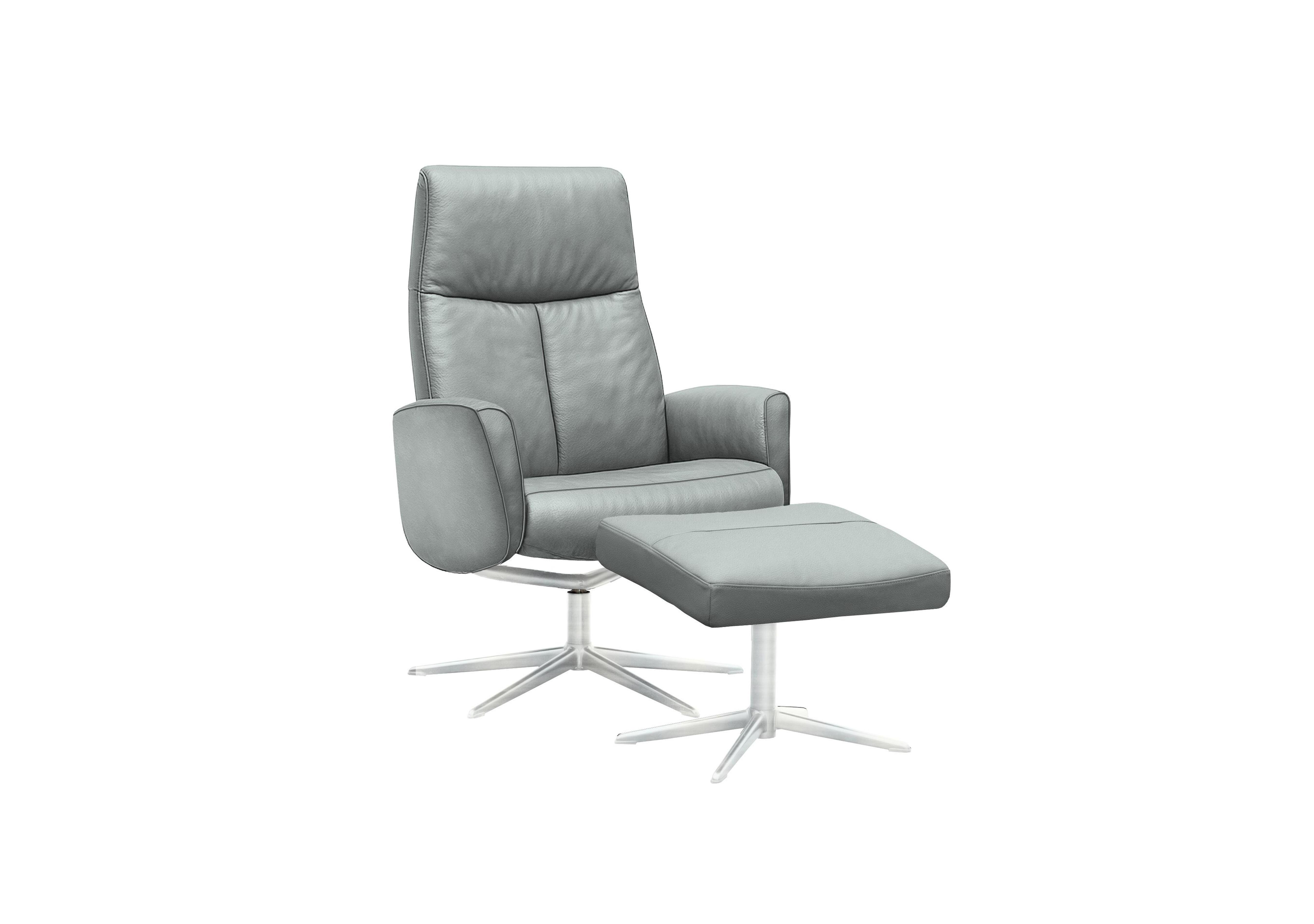 Vaasa Leather Swivel Recliner Chair and Footstool with Chrome Base in L842 Cambridge Grey on Furniture Village