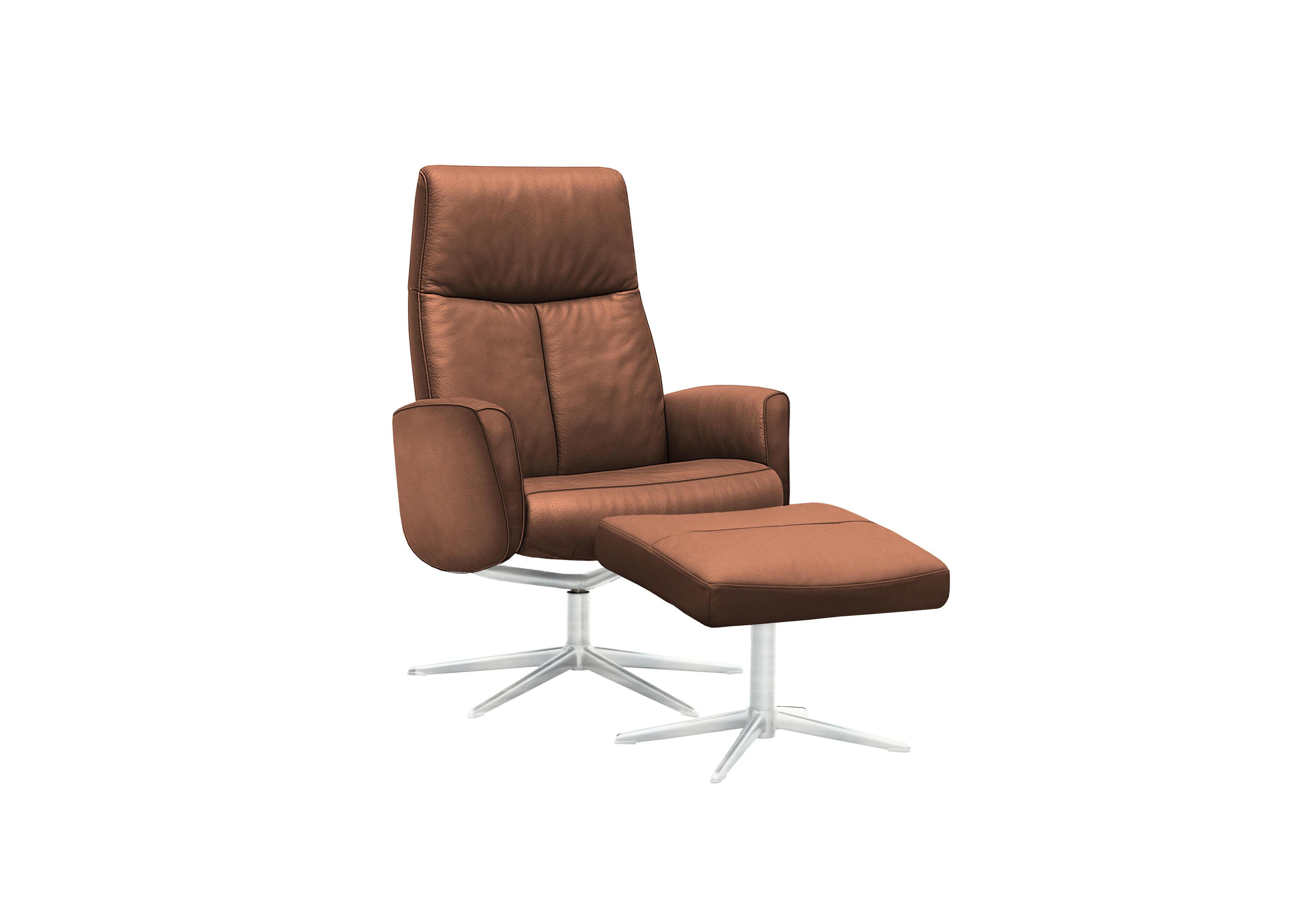 Vaasa Leather Swivel Recliner Chair and Footstool with Chrome Base in L848 Cambridge Conker on Furniture Village