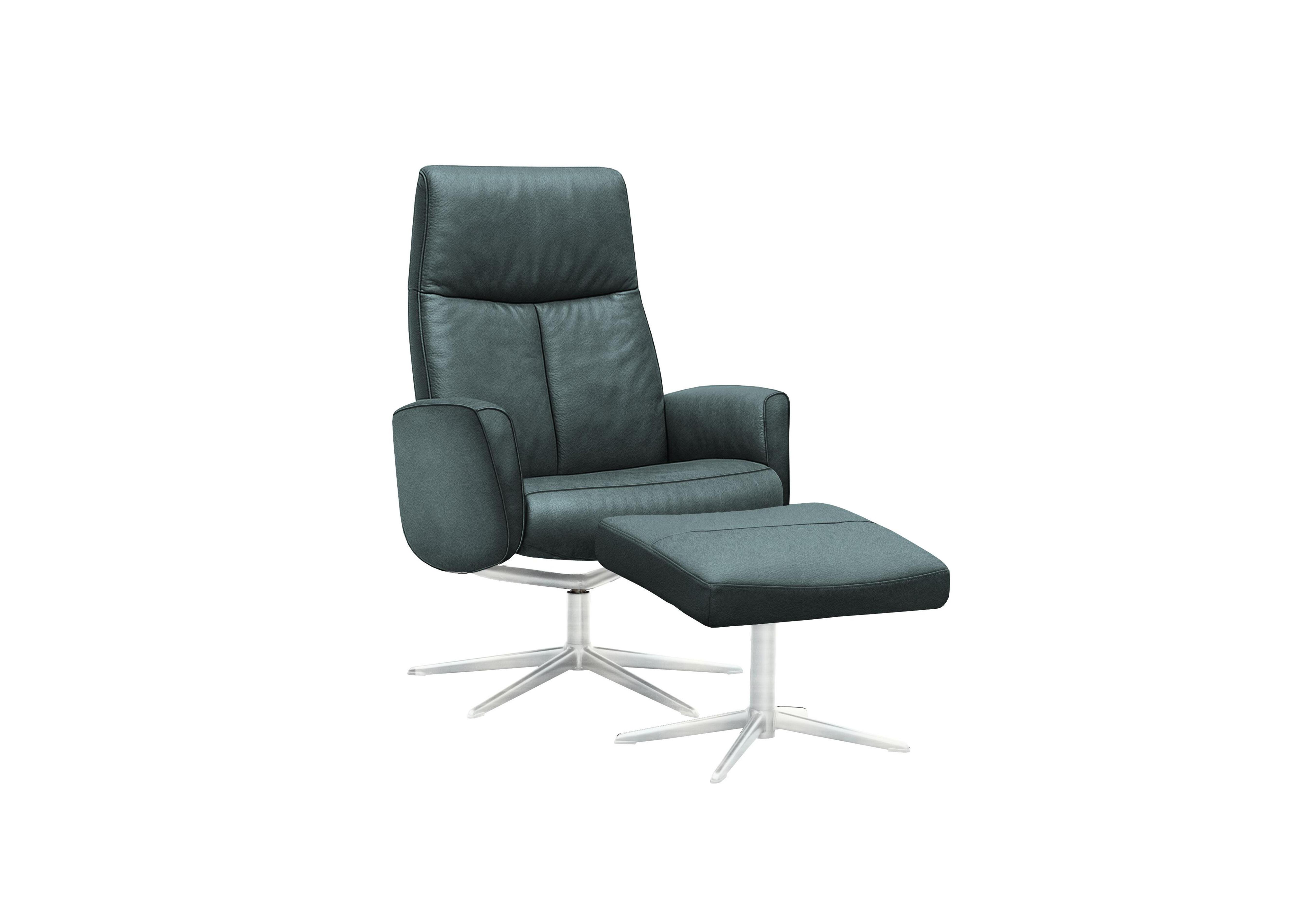 Vaasa Leather Swivel Recliner Chair and Footstool with Chrome Base in L852 Cambridge Petrol Blue on Furniture Village
