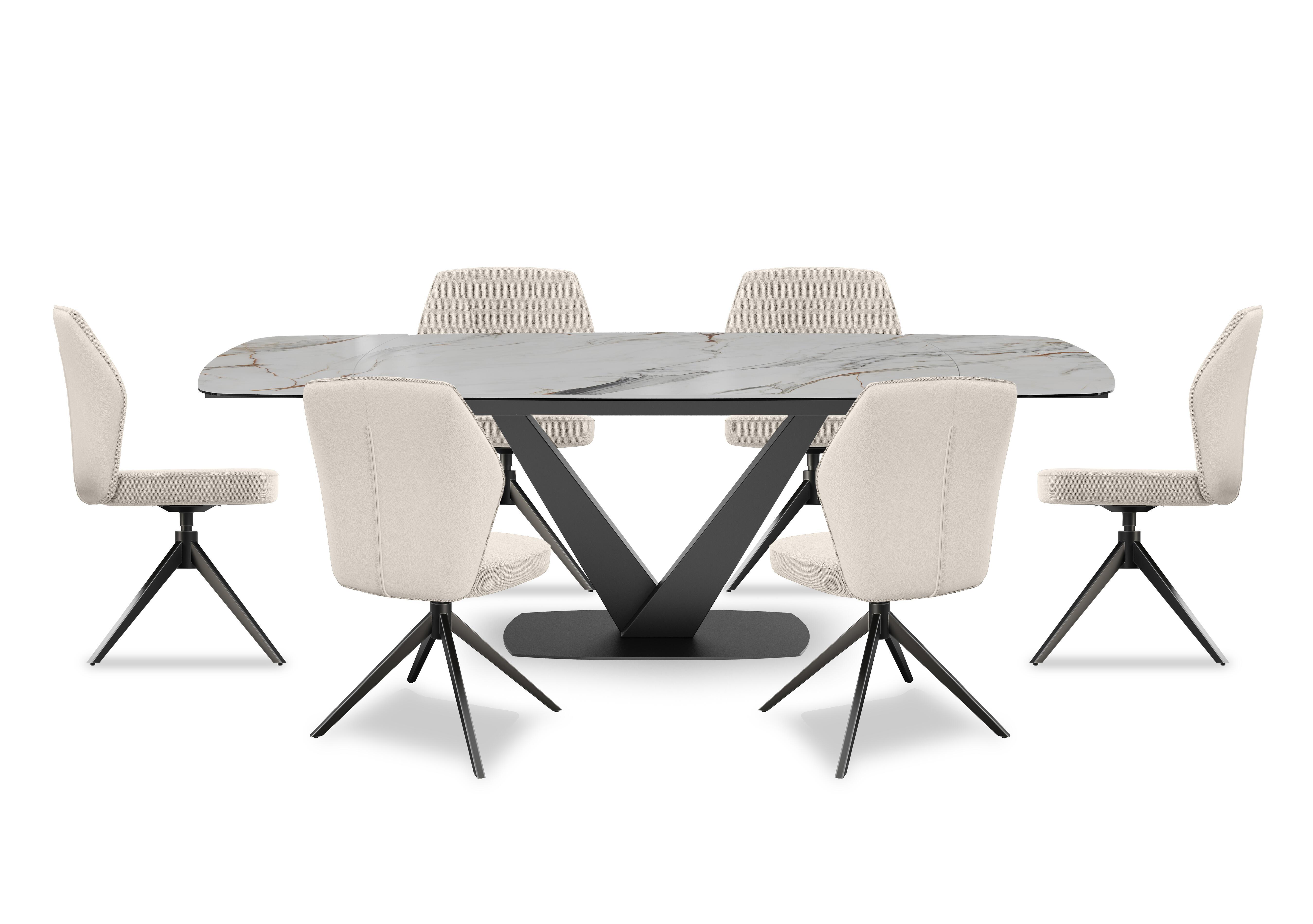 Julio Medium 160cm Draw Leaf Extending Dining Table in Fiorentio Marble Ceramic with 6 Dining Chairs in Cream on Furniture Village