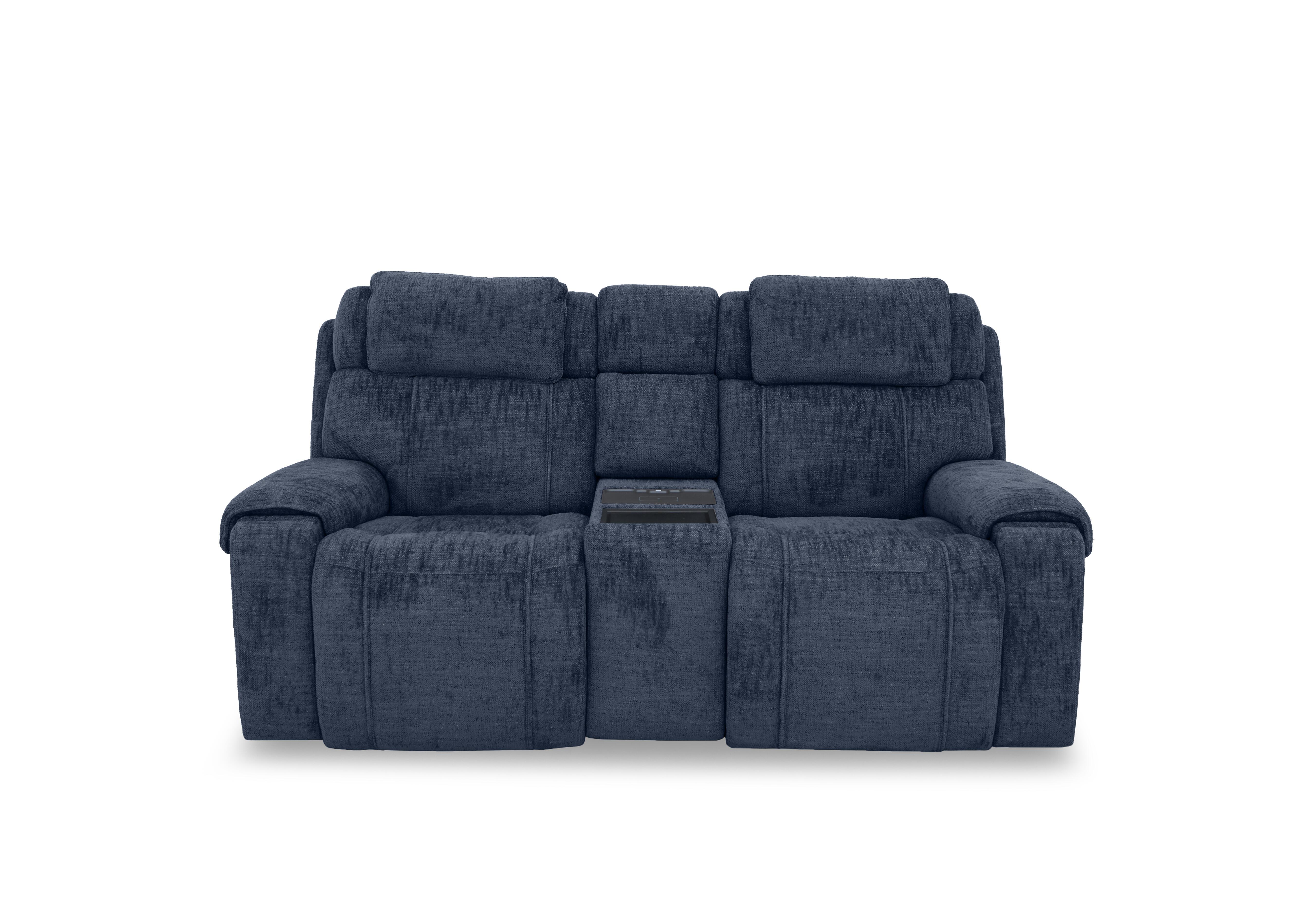 Hollywood Fabric 2 Seater Power Recliner Media Sofa with Power Headrests and Storage Arms in Fab-Mga-R10 Dark Denim on Furniture Village