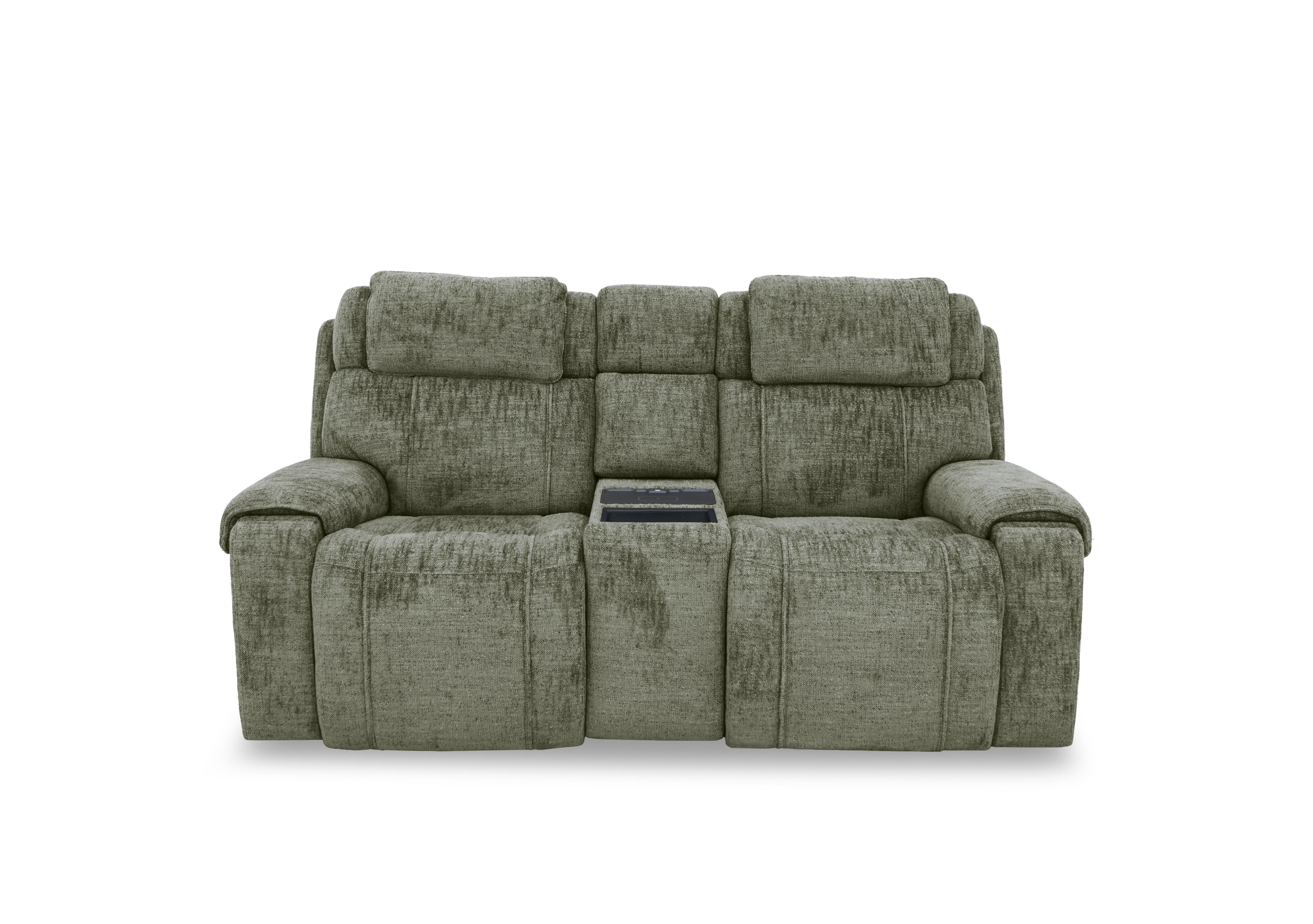 Hollywood Fabric 2 Seater Power Recliner Media Sofa with Power Headrests and Storage Arms in Fab-Mga-R11 Olive Green on Furniture Village