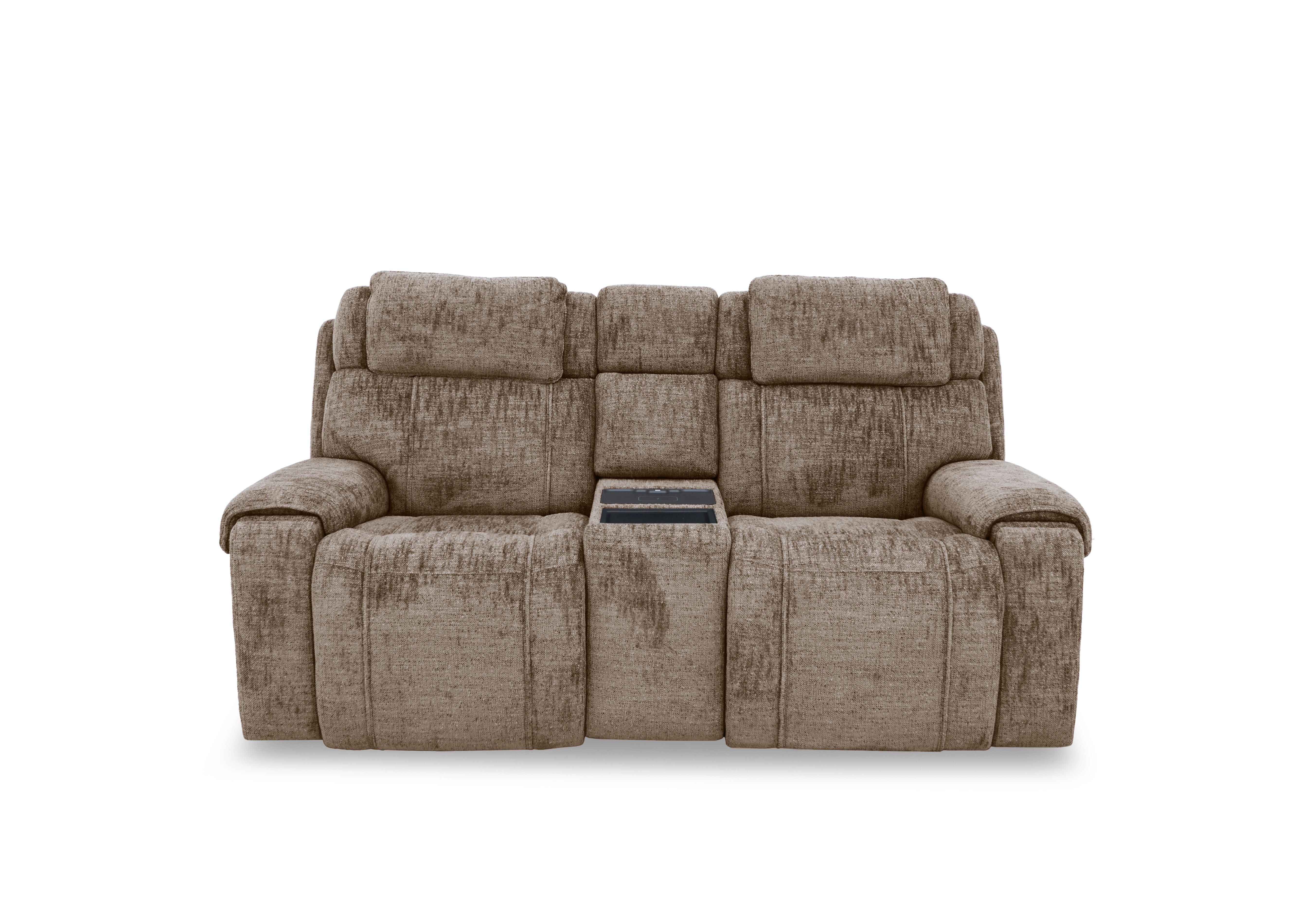 Hollywood Fabric 2 Seater Power Recliner Media Sofa with Power Headrests and Storage Arms in Fab-Mga-R13 Light Brown on Furniture Village