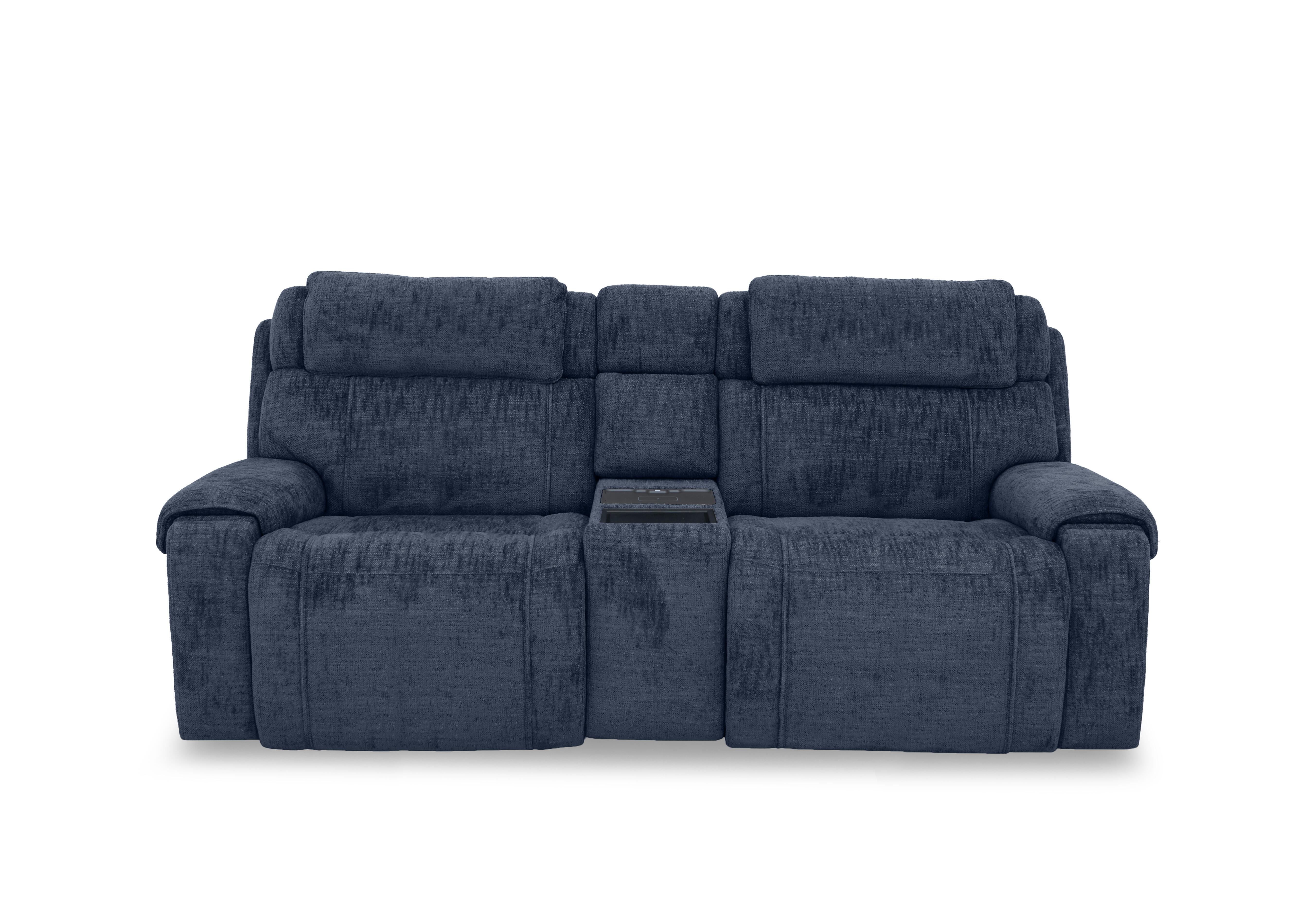 Hollywood Fabric 3 Seater Power Recliner Media Sofa with Power Headrests and Storage Arms in Fab-Mga-R10 Dark Denim on Furniture Village