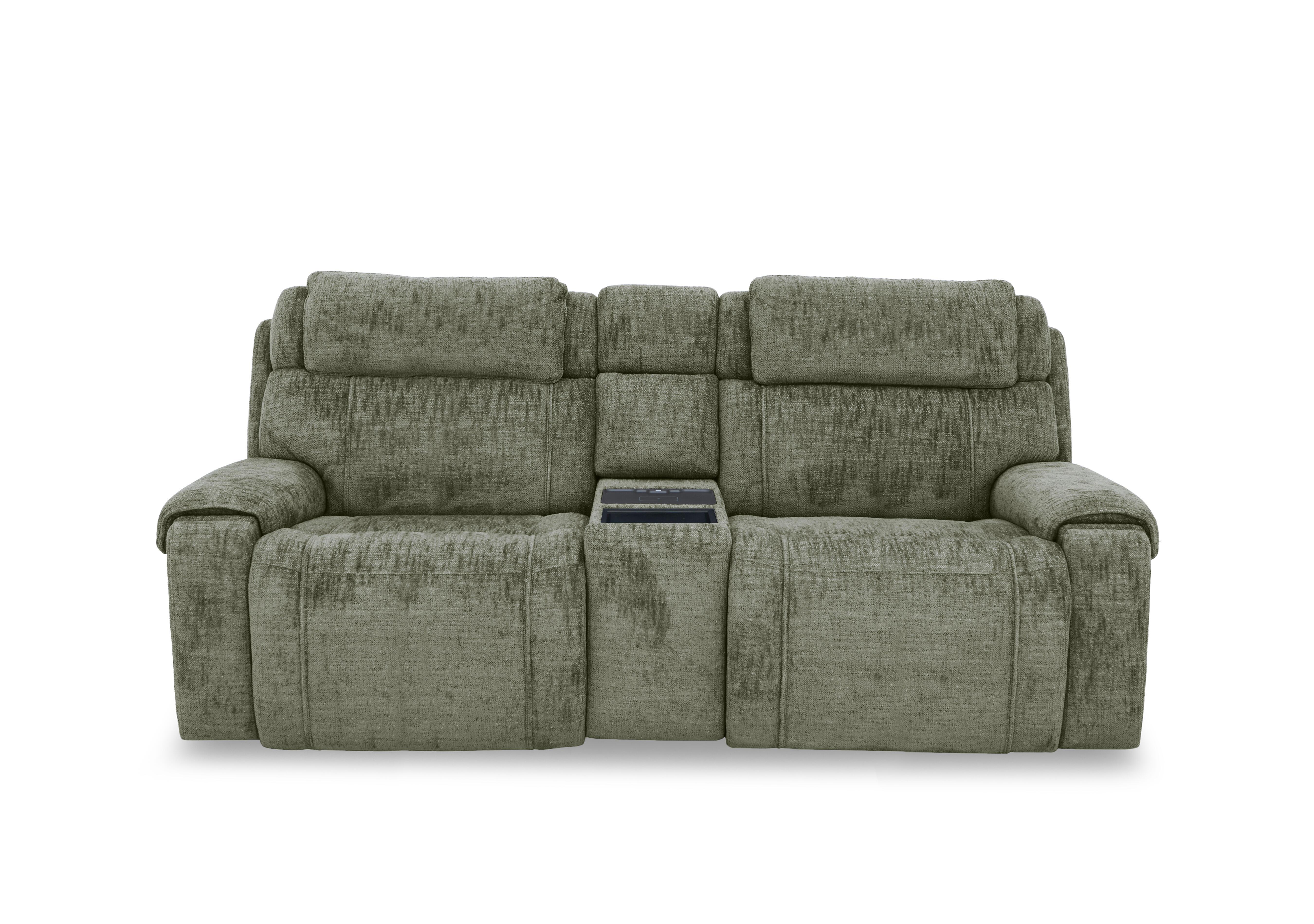 Hollywood Fabric 3 Seater Power Recliner Media Sofa with Power Headrests and Storage Arms in Fab-Mga-R11 Olive Green on Furniture Village