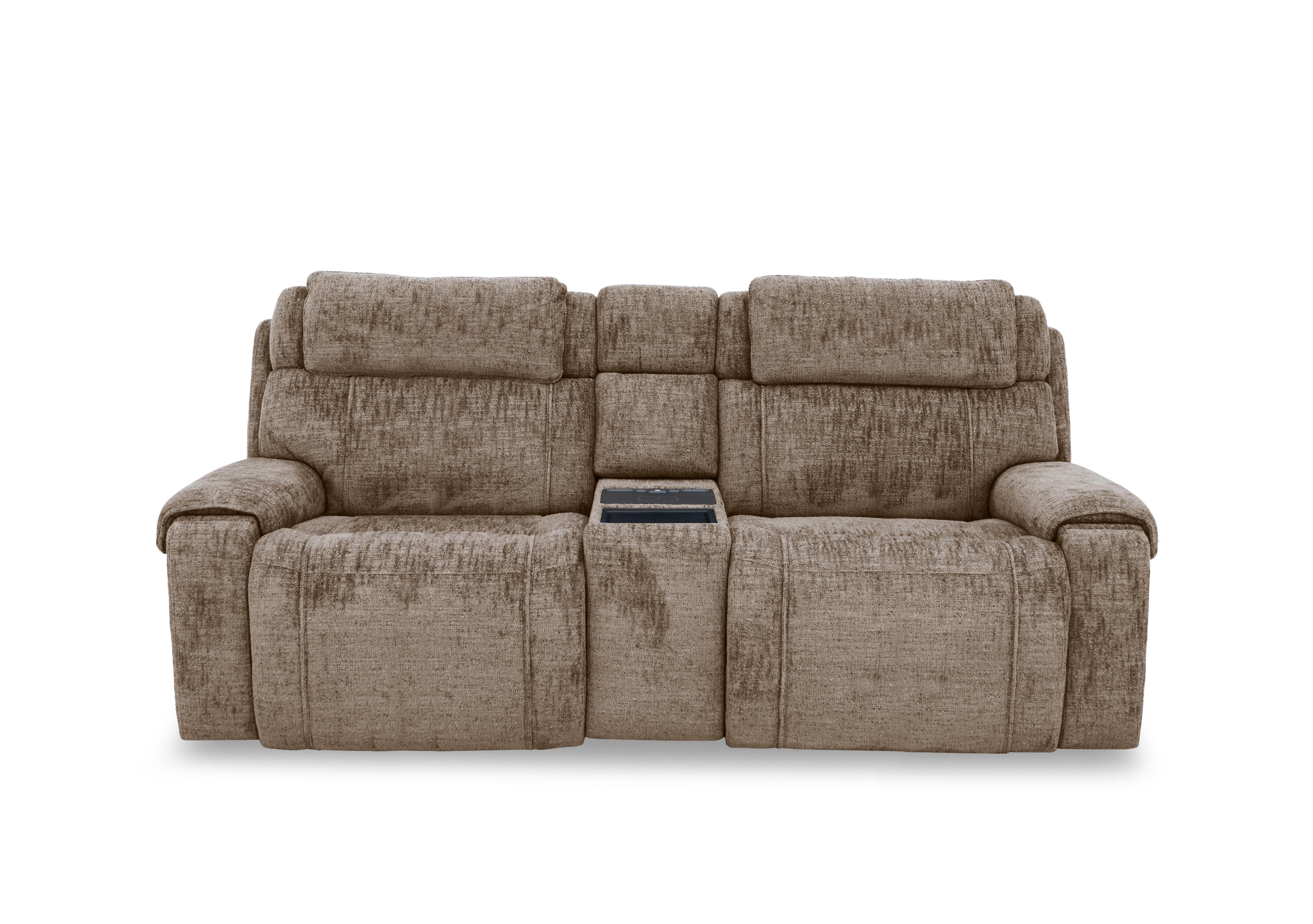 Hollywood Fabric 3 Seater Power Recliner Media Sofa with Power Headrests and Storage Arms in Fab-Mga-R13 Light Brown on Furniture Village