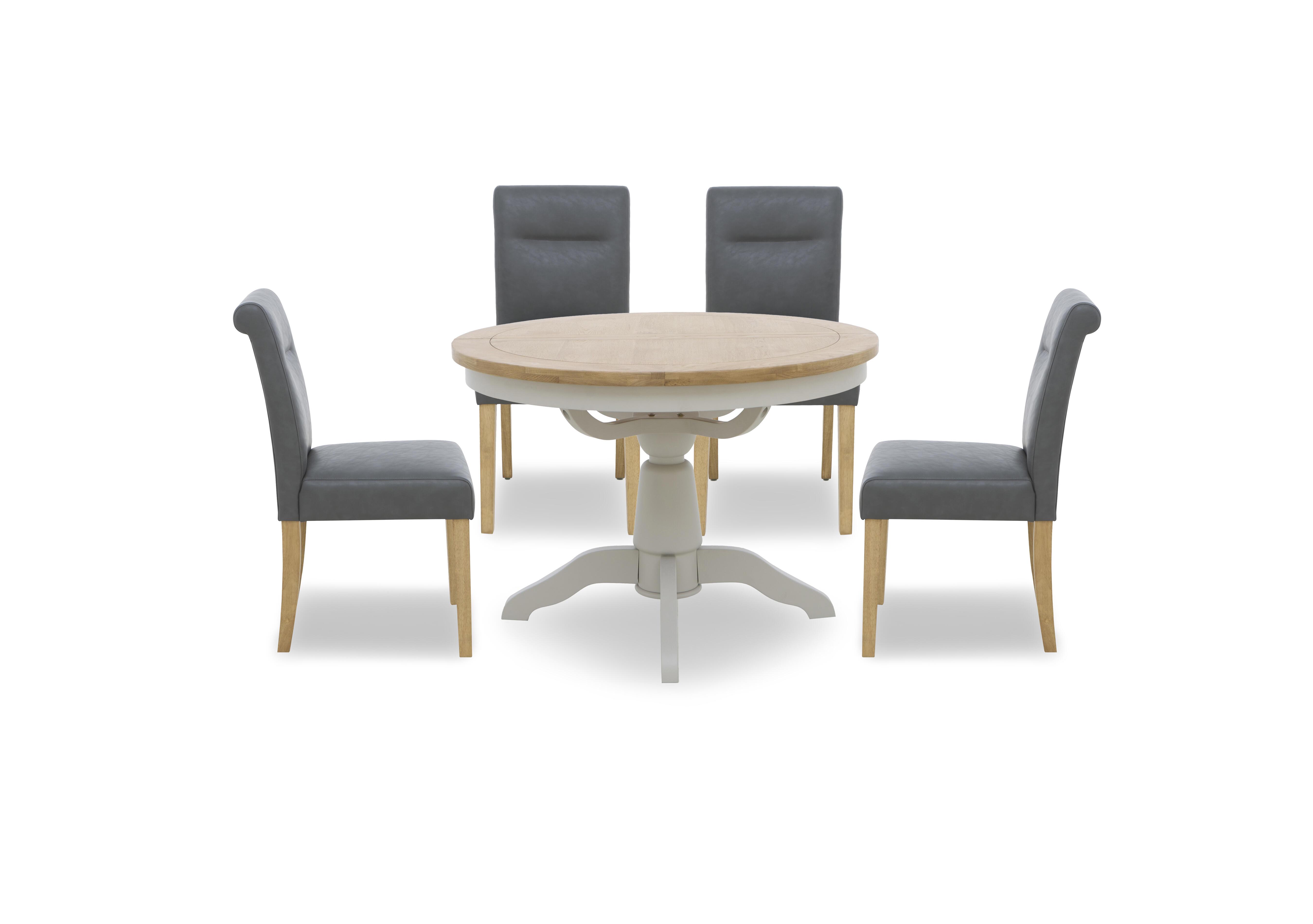 Lewis Round Pedestal Butterfly Extending Dining Table and 4 Roll Back Faux Leather Dining Chairs in Dark Grey on Furniture Village