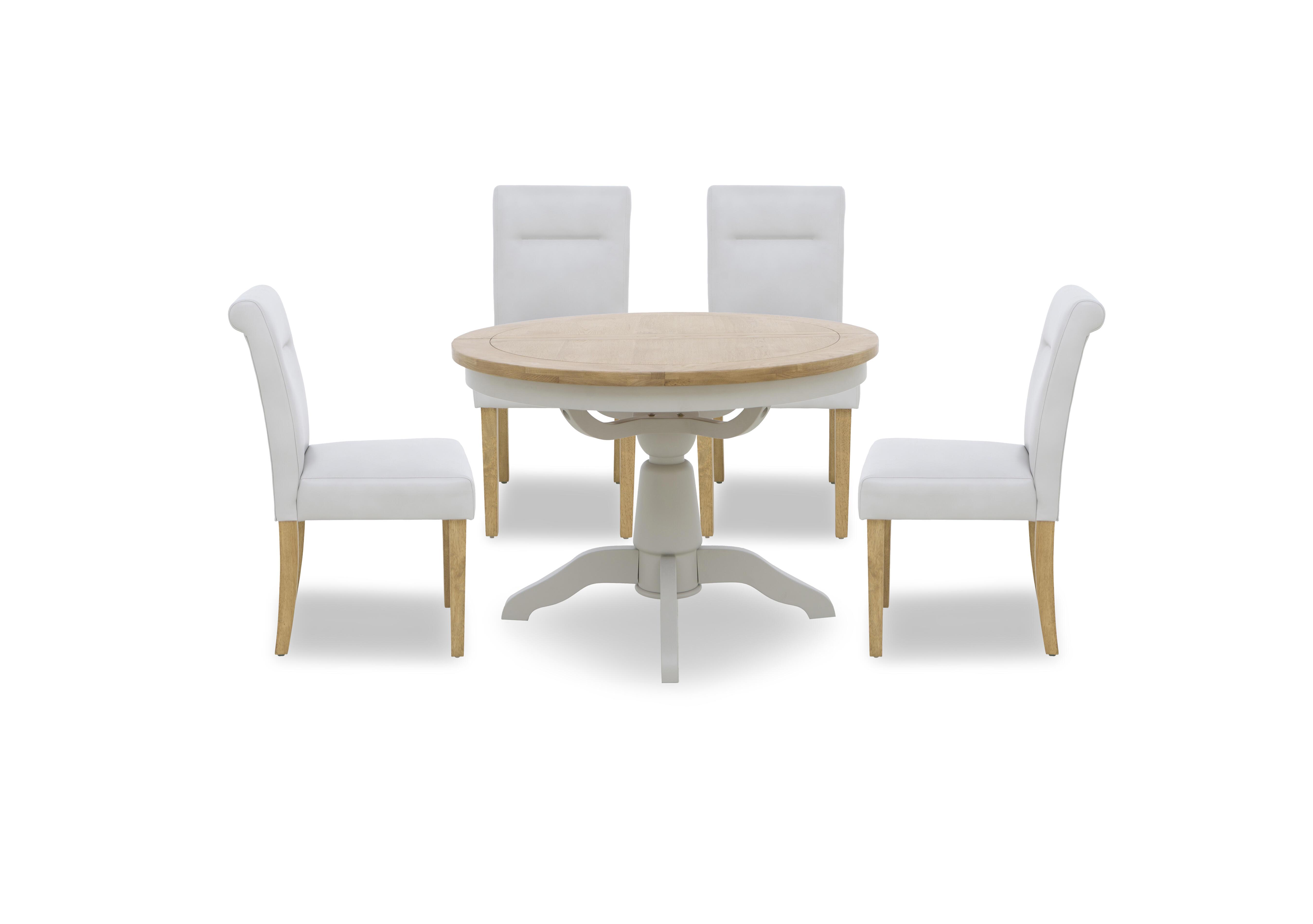 Lewis Round Pedestal Butterfly Extending Dining Table and 4 Roll Back Faux Leather Dining Chairs in Light Grey on Furniture Village