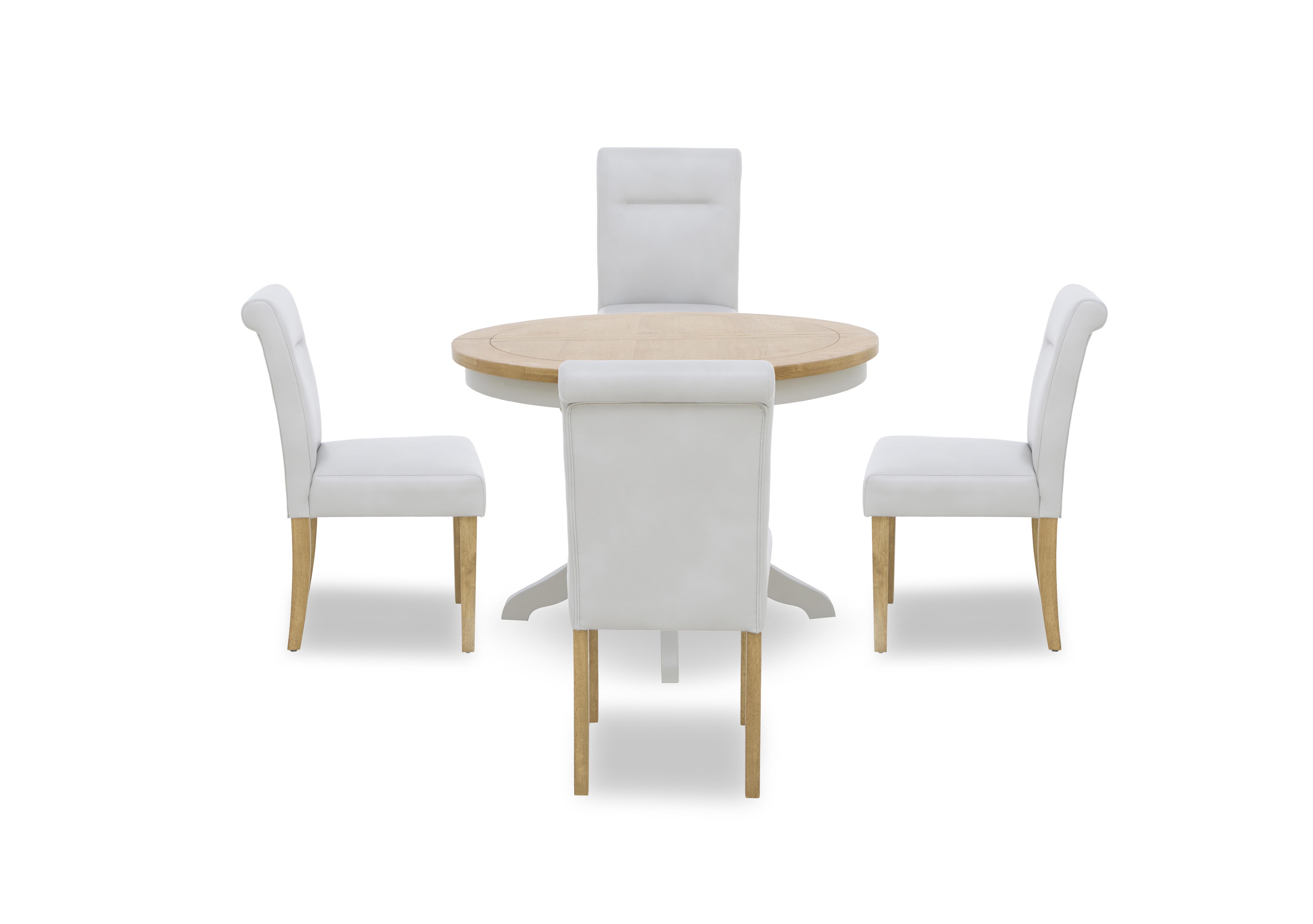 Lewis Round Pedestal Butterfly Extending Dining Table and 4 Roll Back Faux Leather Dining Chairs in Light Grey on Furniture Village
