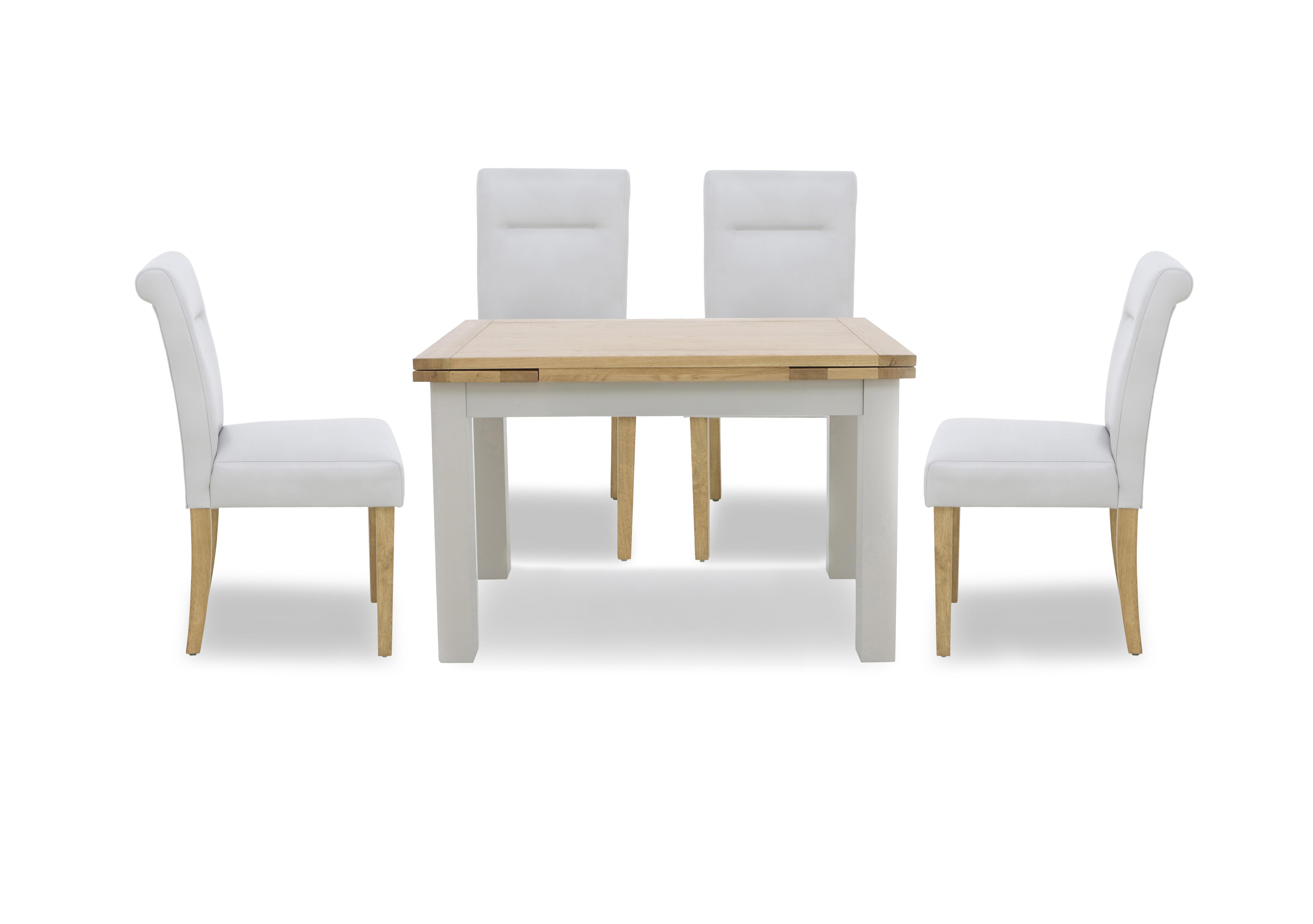 Lewis Large Draw Leaf Extending Dining Table and 4 Roll Back Faux Leather Dining Chairs in Light Grey on Furniture Village