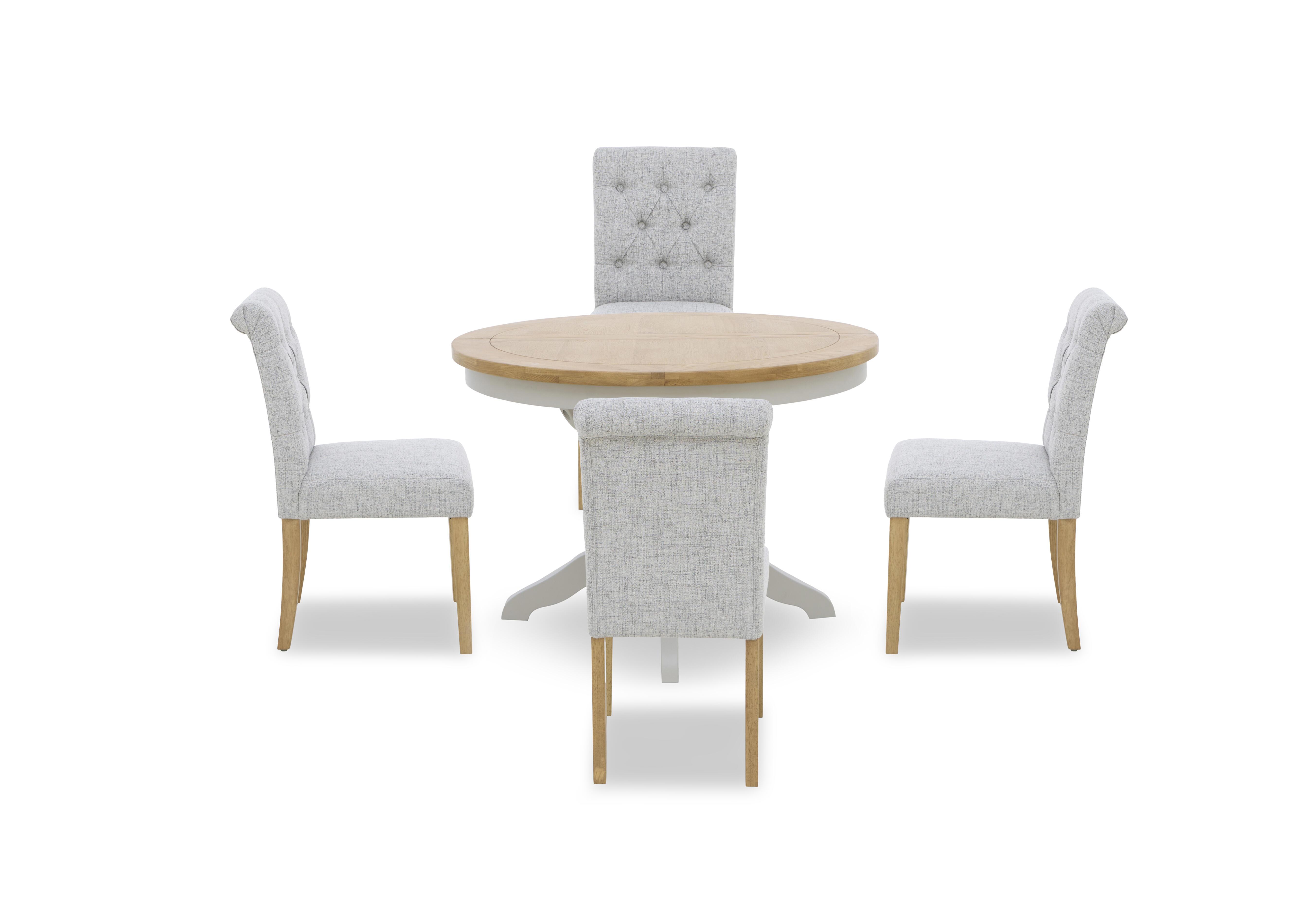 Lewis Round Pedestal Butterfly Extending Dining Table and 4 Button Back Dining Chairs in Mist on Furniture Village