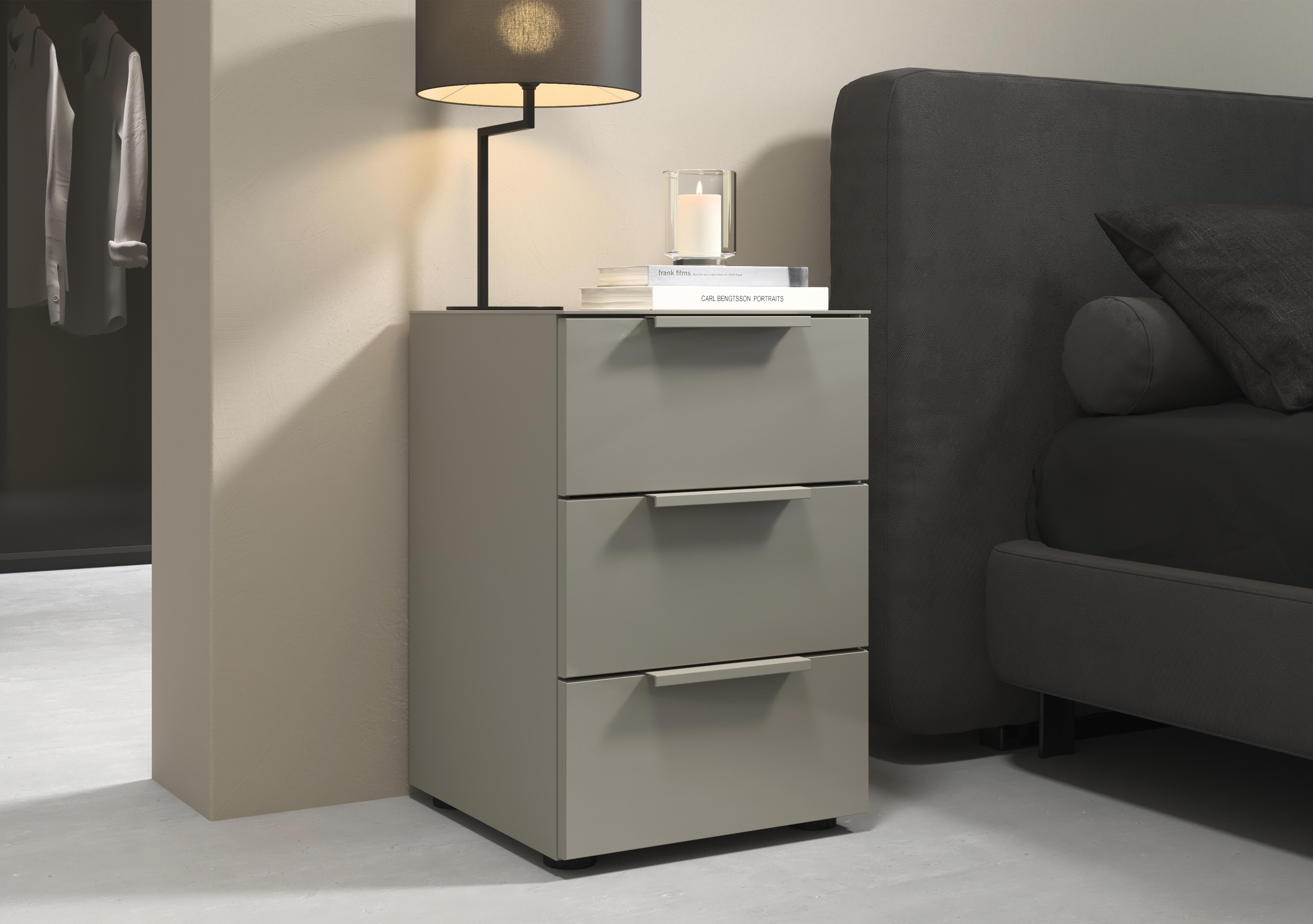 Haven 3 Drawer Bedside Cabinet with Glass Top and Front in  on Furniture Village