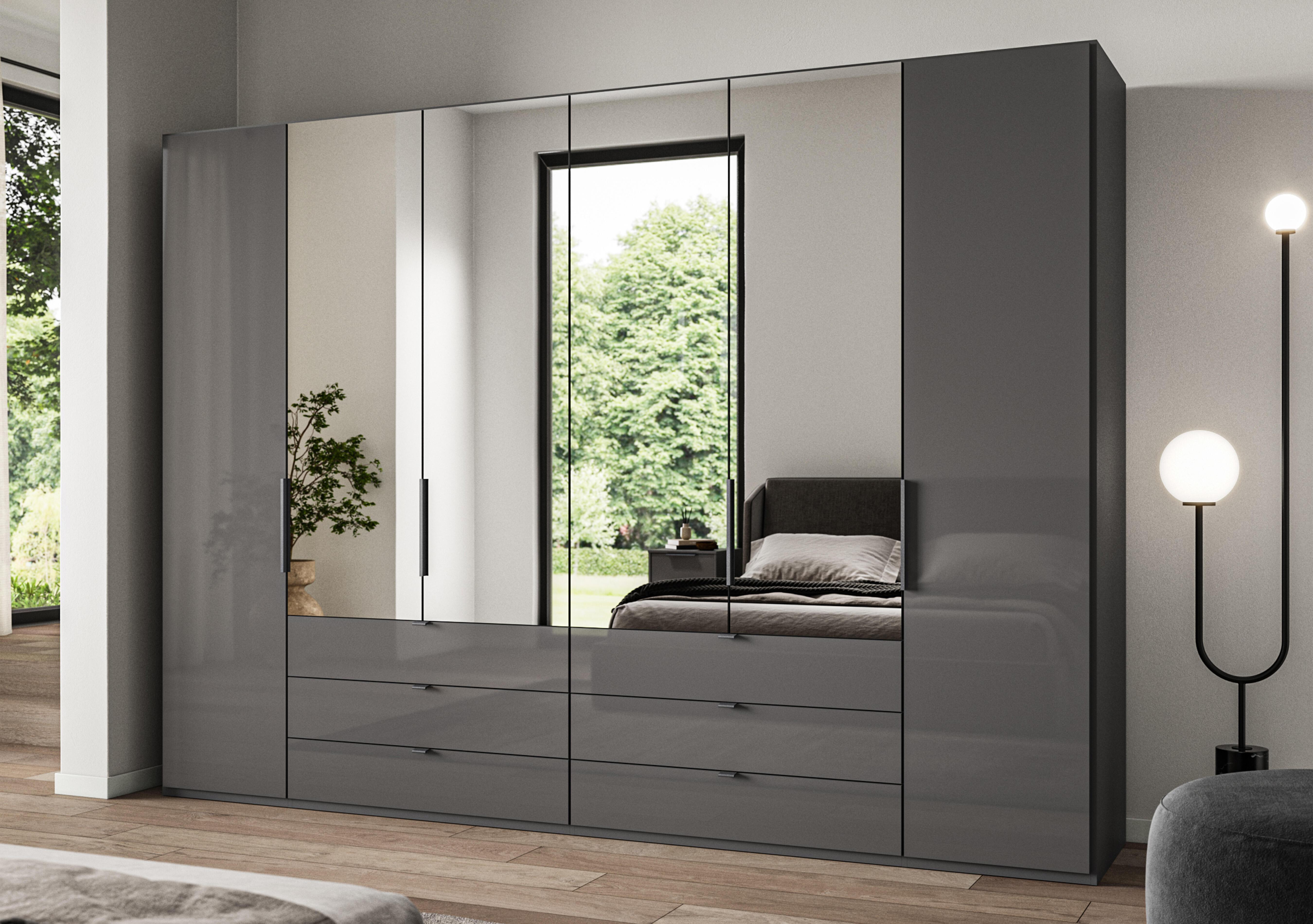 Amara 300cm 6 Door Combi Wardrobe with 4 Mirror Doors, 2 Glass Doors and 6 Glass Drawers in  on Furniture Village
