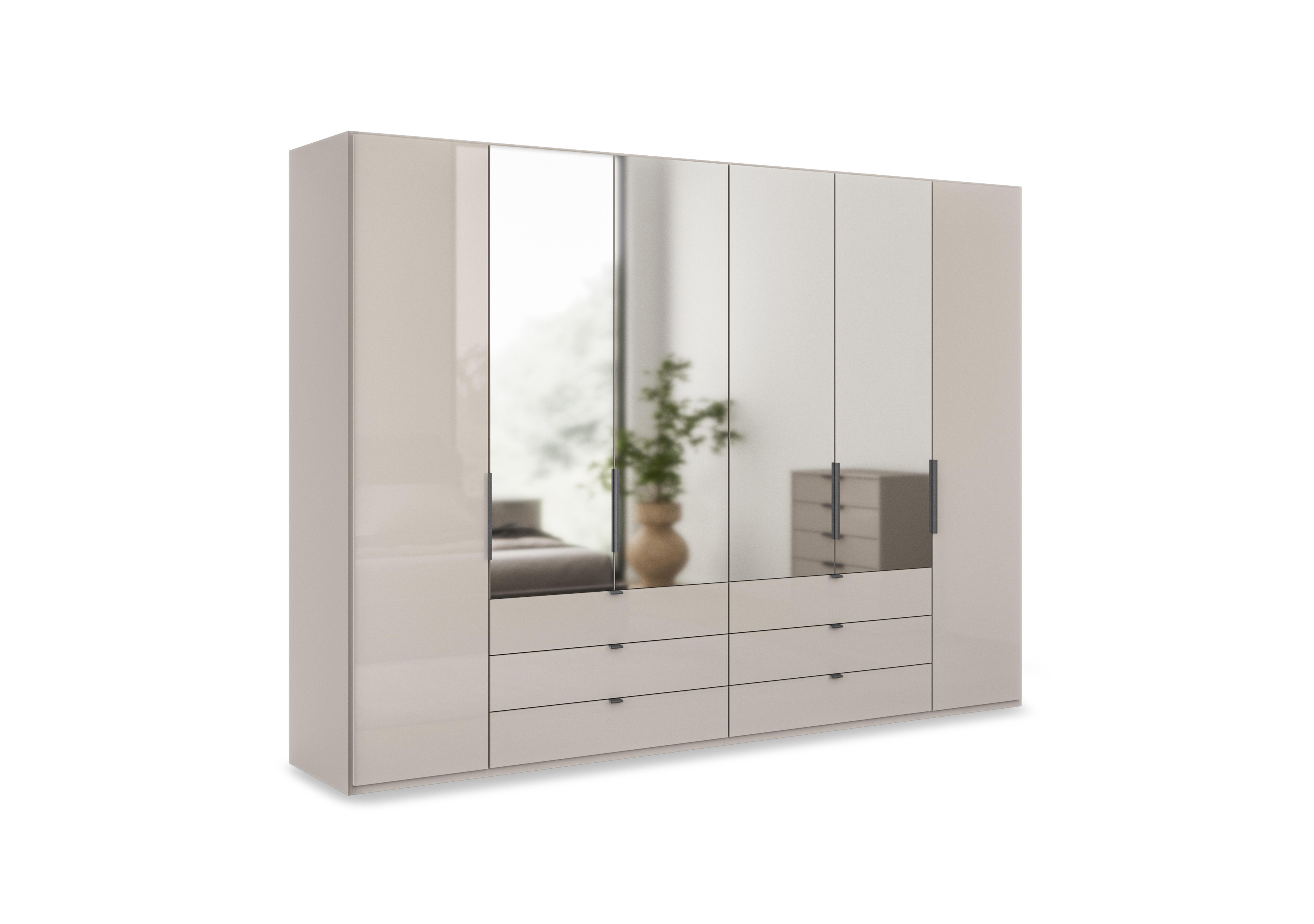 Amara 300cm 6 Door Combi Wardrobe with 4 Mirror Doors, 2 Glass Doors and 6 Glass Drawers in Pebble Grey on Furniture Village