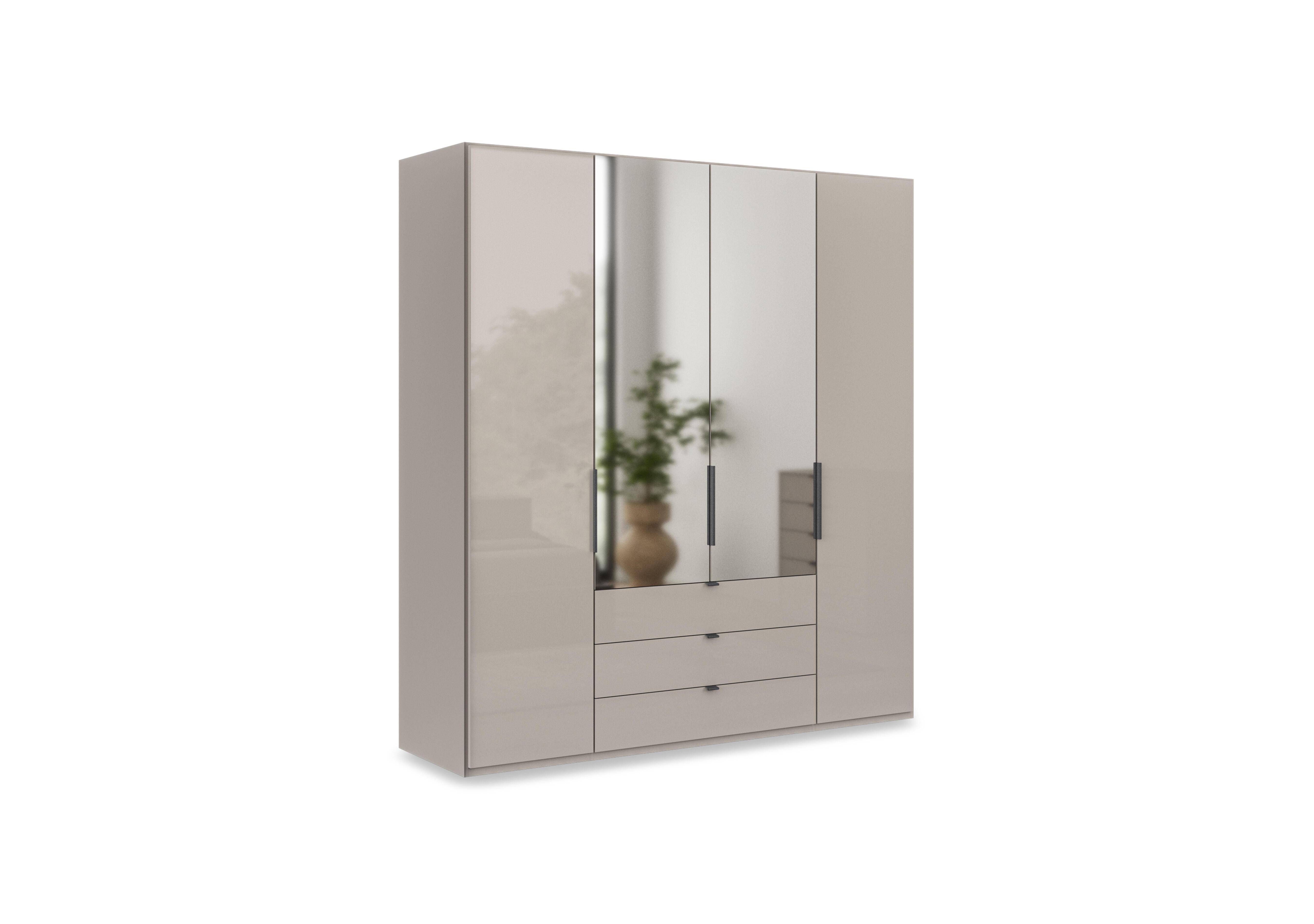 Amara 200cm 4 Door Bifold Combi Wardrobe with 2 Mirror Doors, 2 Glass Doors and 3 Glass Drawers in Pebble Grey on Furniture Village