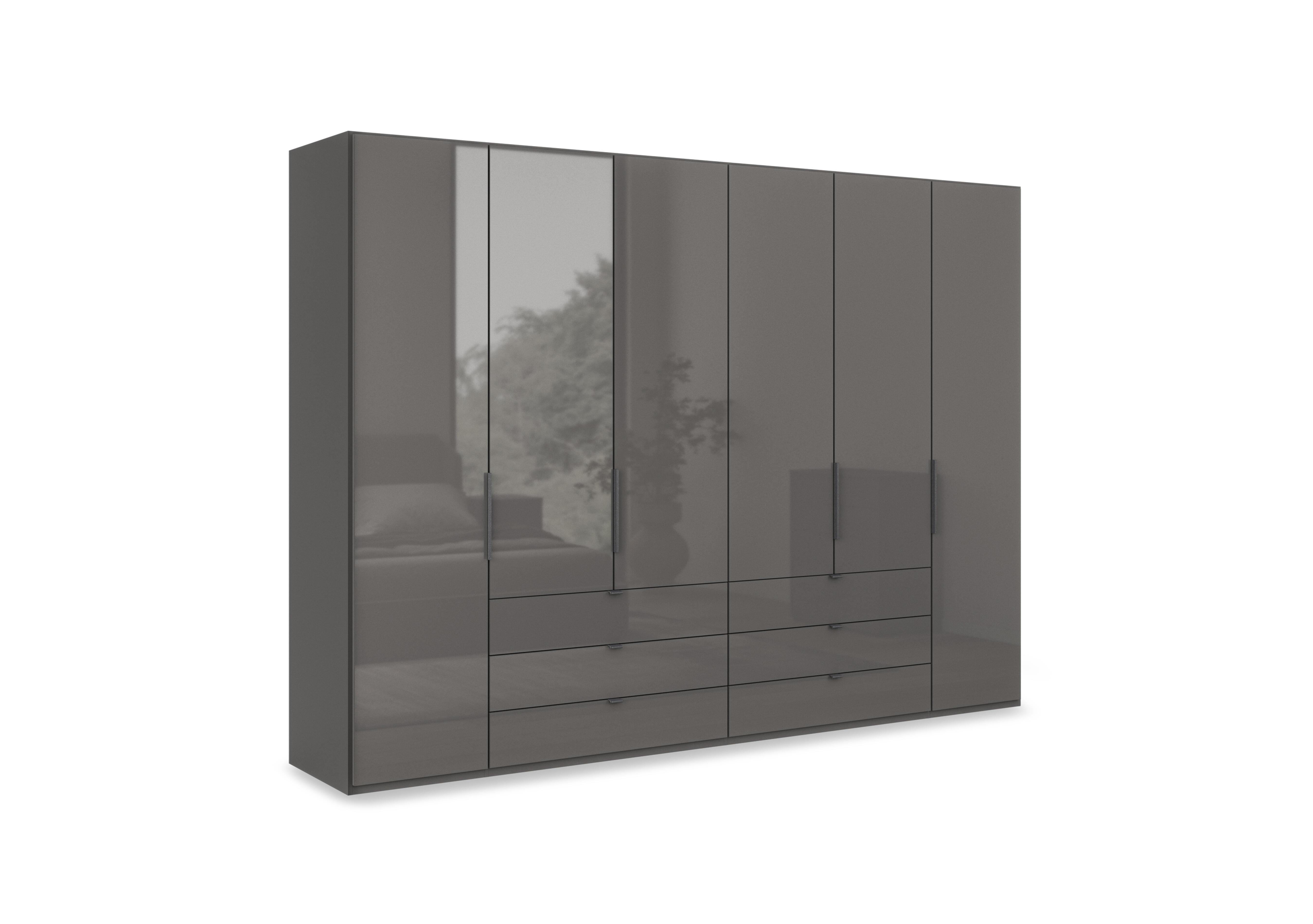 Amara 300cm 6 Door Bifold Combi Wardrobe with Glass Doors and Drawers in Lava on Furniture Village