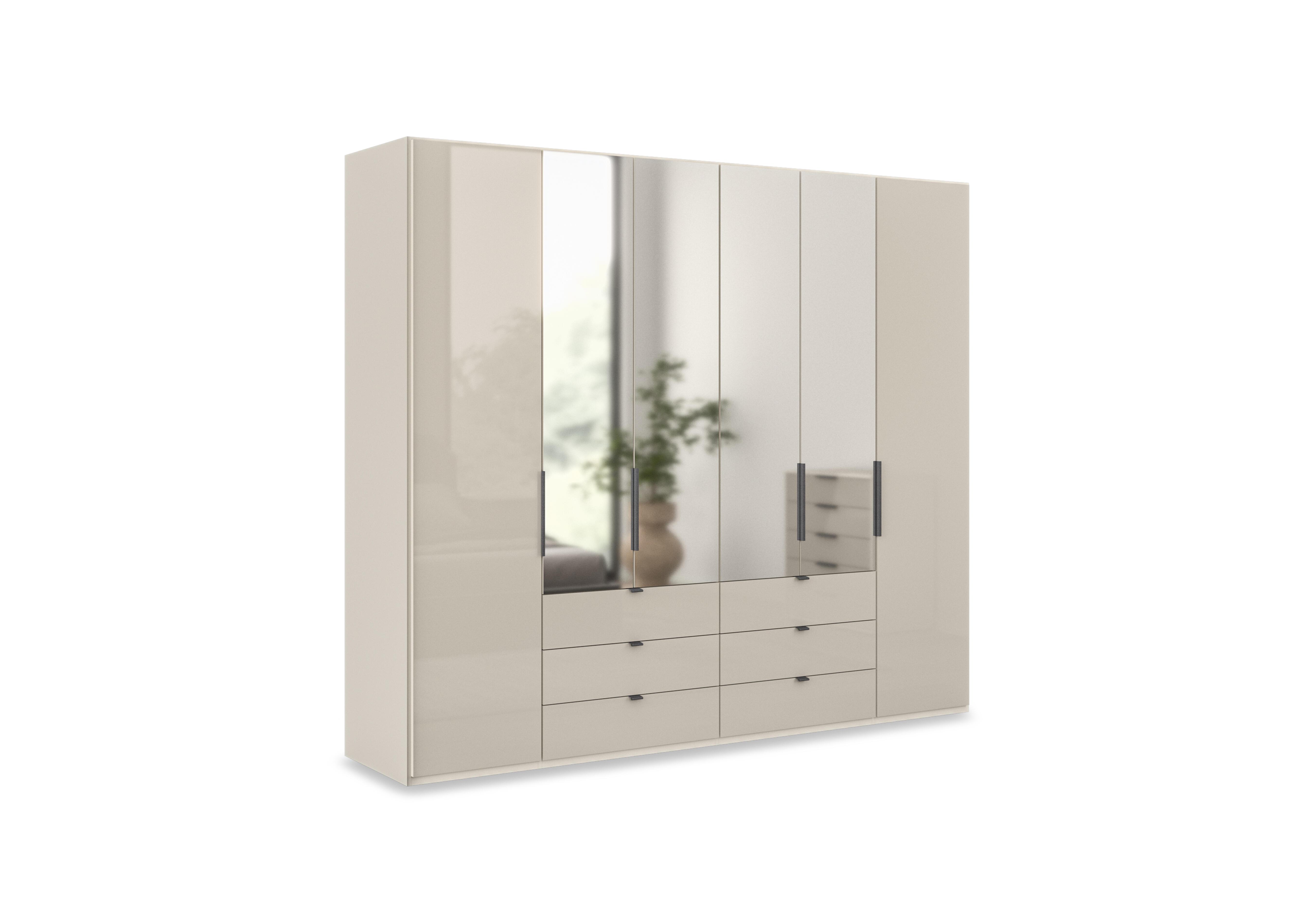 Amara 250cm 6 Door Bifold Combi Wardrobe with 4 Mirror Doors, 2 Glass Doors and 6 Glass Drawers in Champagne on Furniture Village